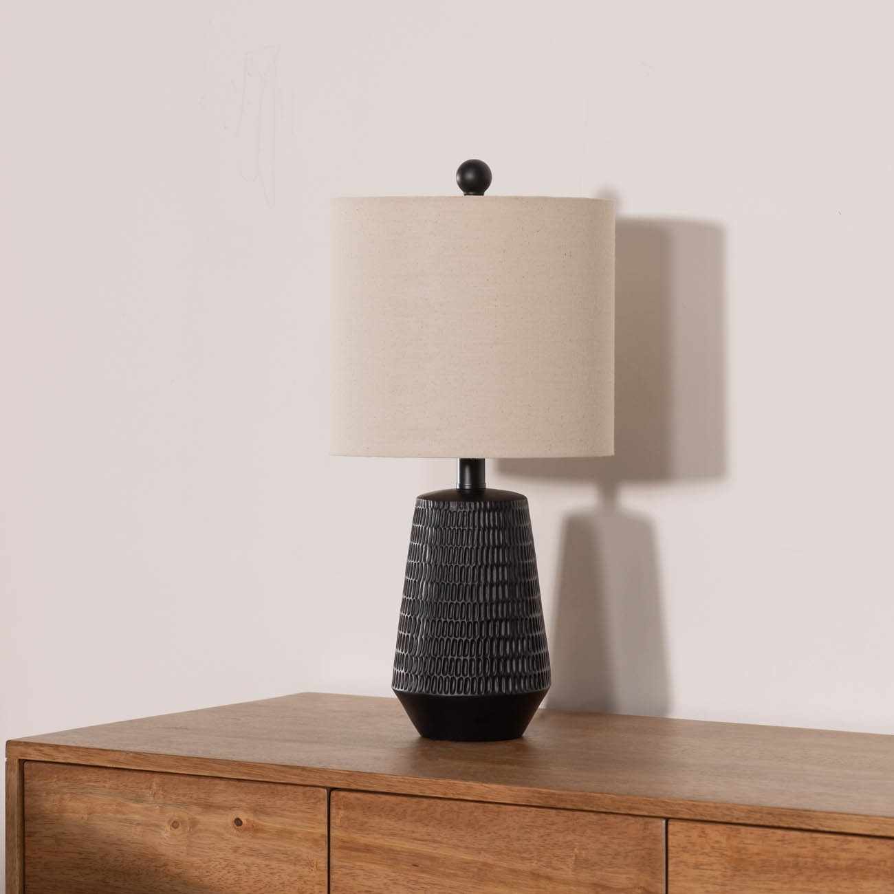 Berehomet black resin table lamp with white and beige linen shade for farmhouse and cottage home décor.