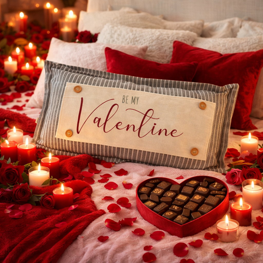 Valentine's Day-themed setting with a 'Be My Valentine' pillow, chocolates, candles, and roses on a bed.