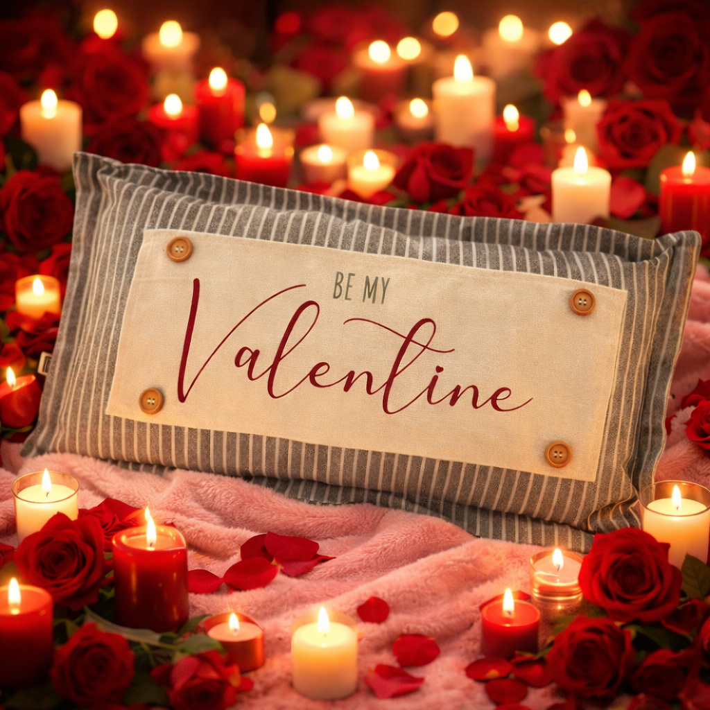 Valentine's Day-themed pillow with 'Be My Valentine' text, surrounded by candles and roses.