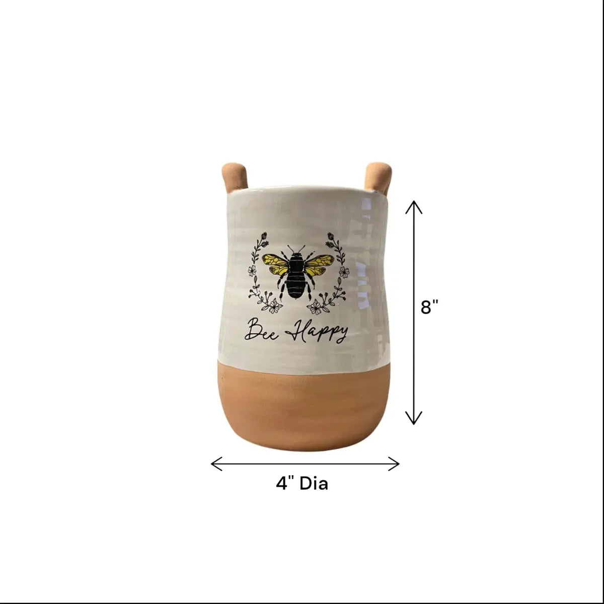 Decorative pot with a bee design and 'Bee Happy' text, shown with dimensions on a white background.