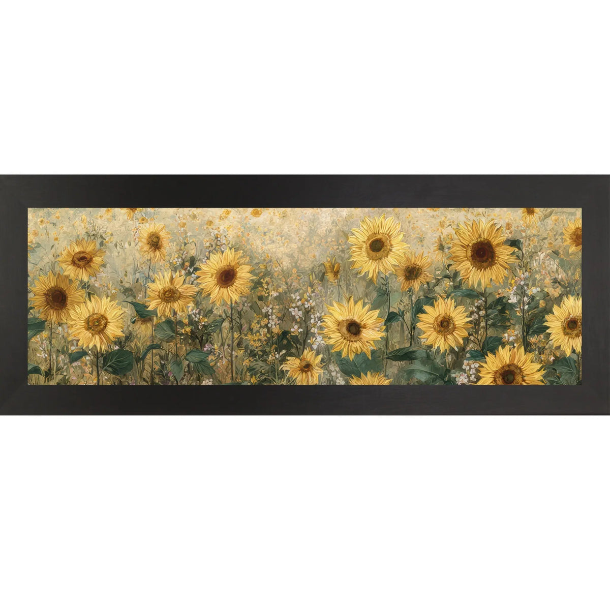 Framed artwork of sunflowers and wildflowers on a white background