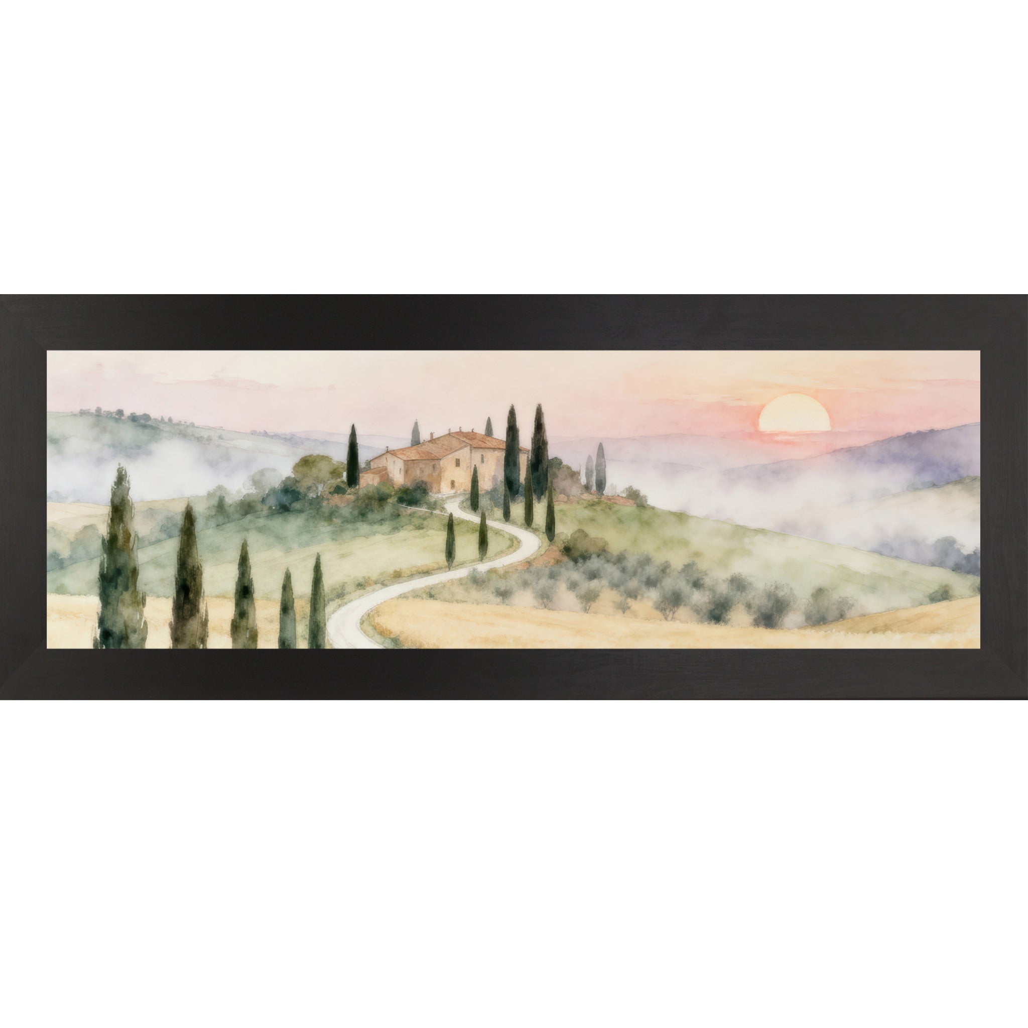 Framed artwork of a Tuscan landscape with a house, cypress trees, and sunset.