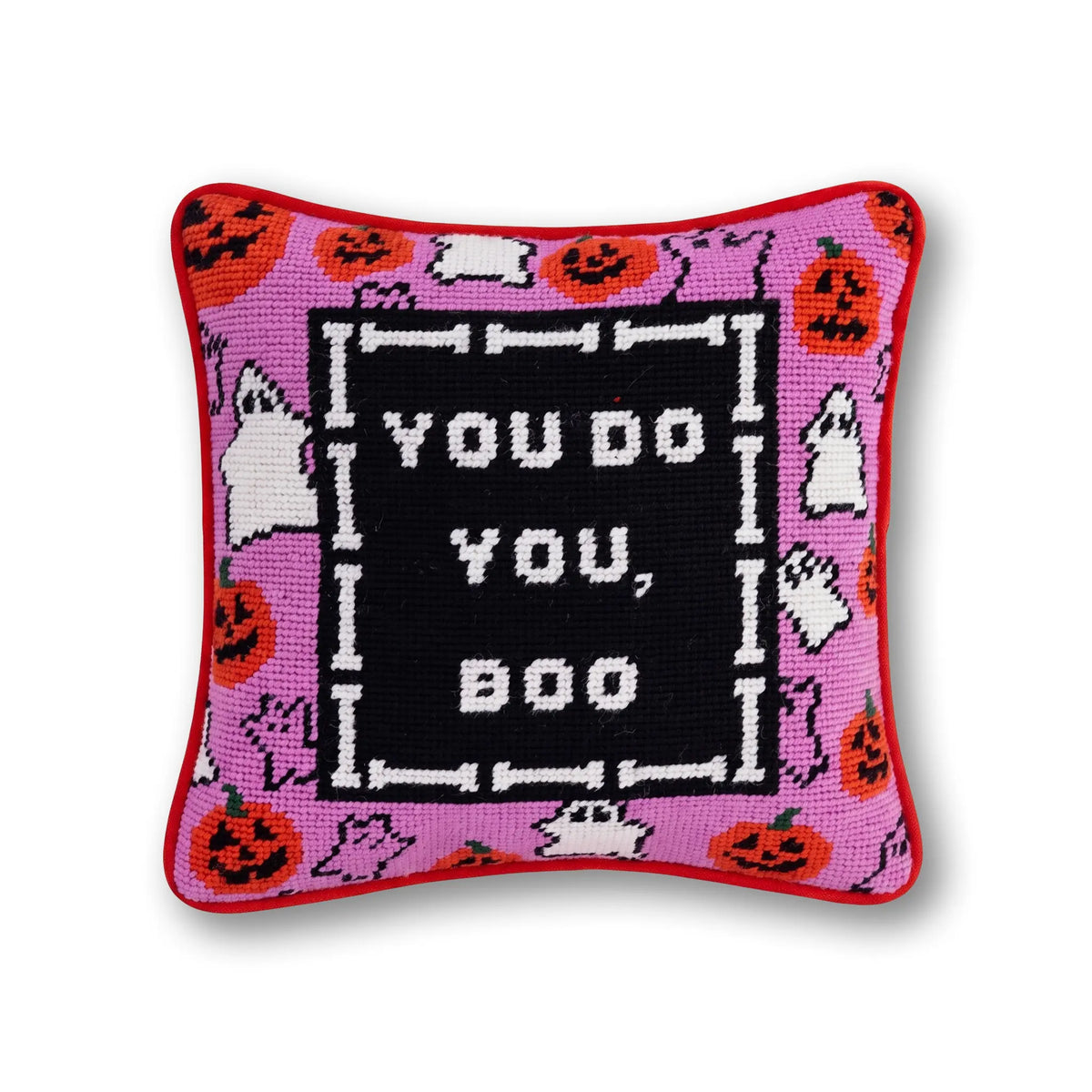 A square decorative pillow with a red border, featuring a pink Halloween-themed pattern with pumpkins, ghosts, and paw prints around a central black square that reads 'YOU DO YOU, BOO' in white block letters.