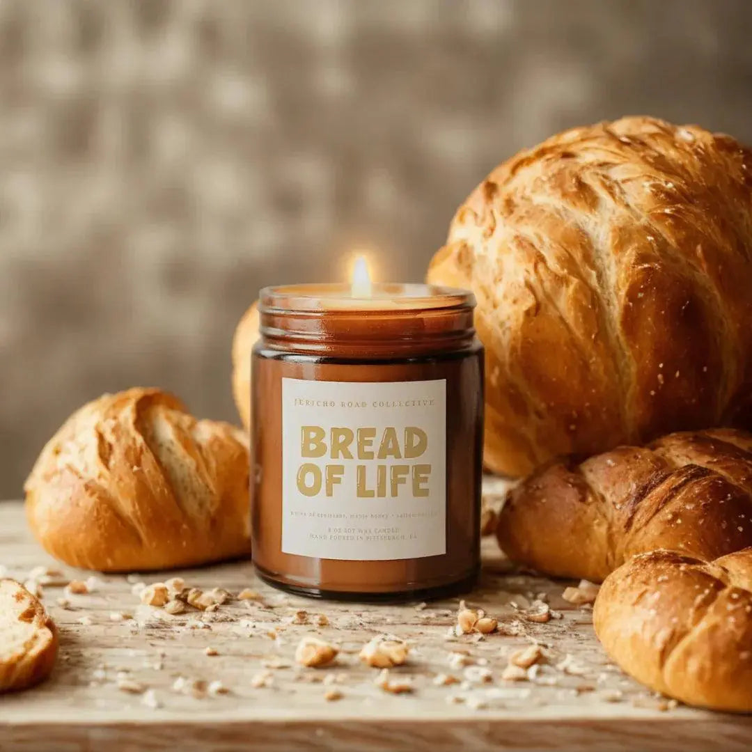 Bread of Life soy candle with croissants, cozy farmhouse home decor, warm bakery scent