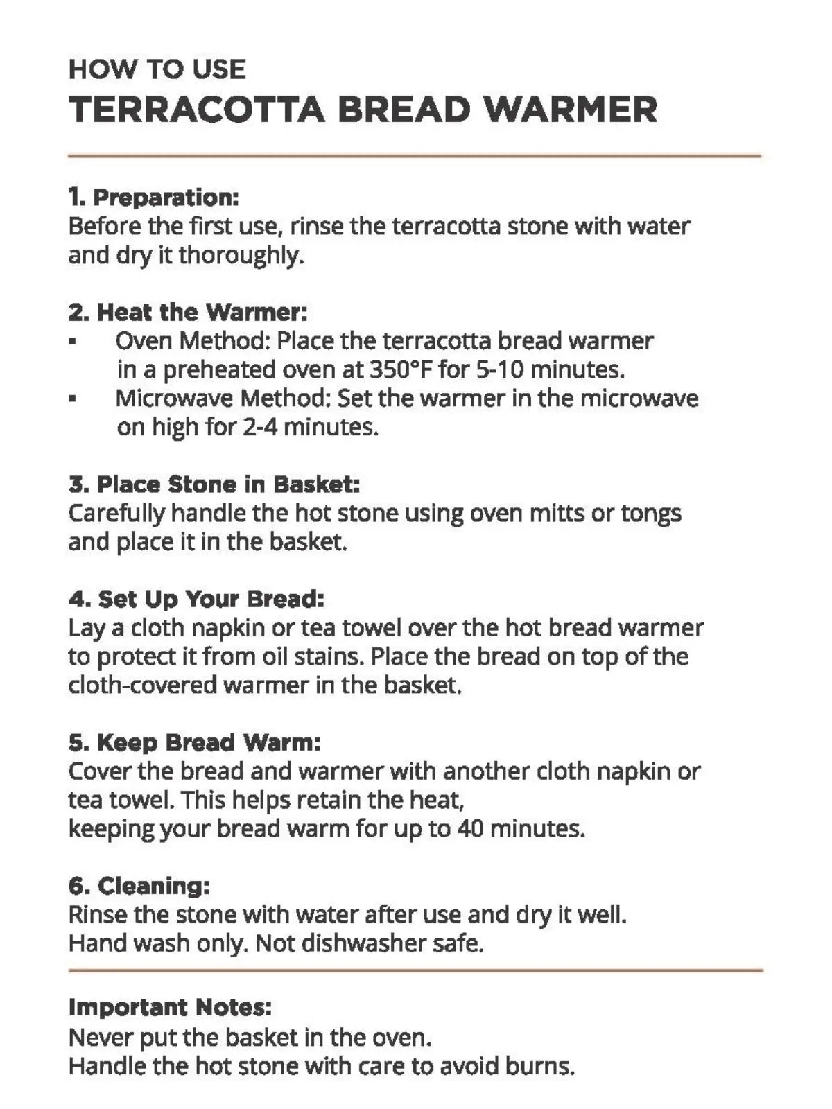 Terracotta bread warmer usage guide with oven and microwave heating instructions for cozy kitchen decor