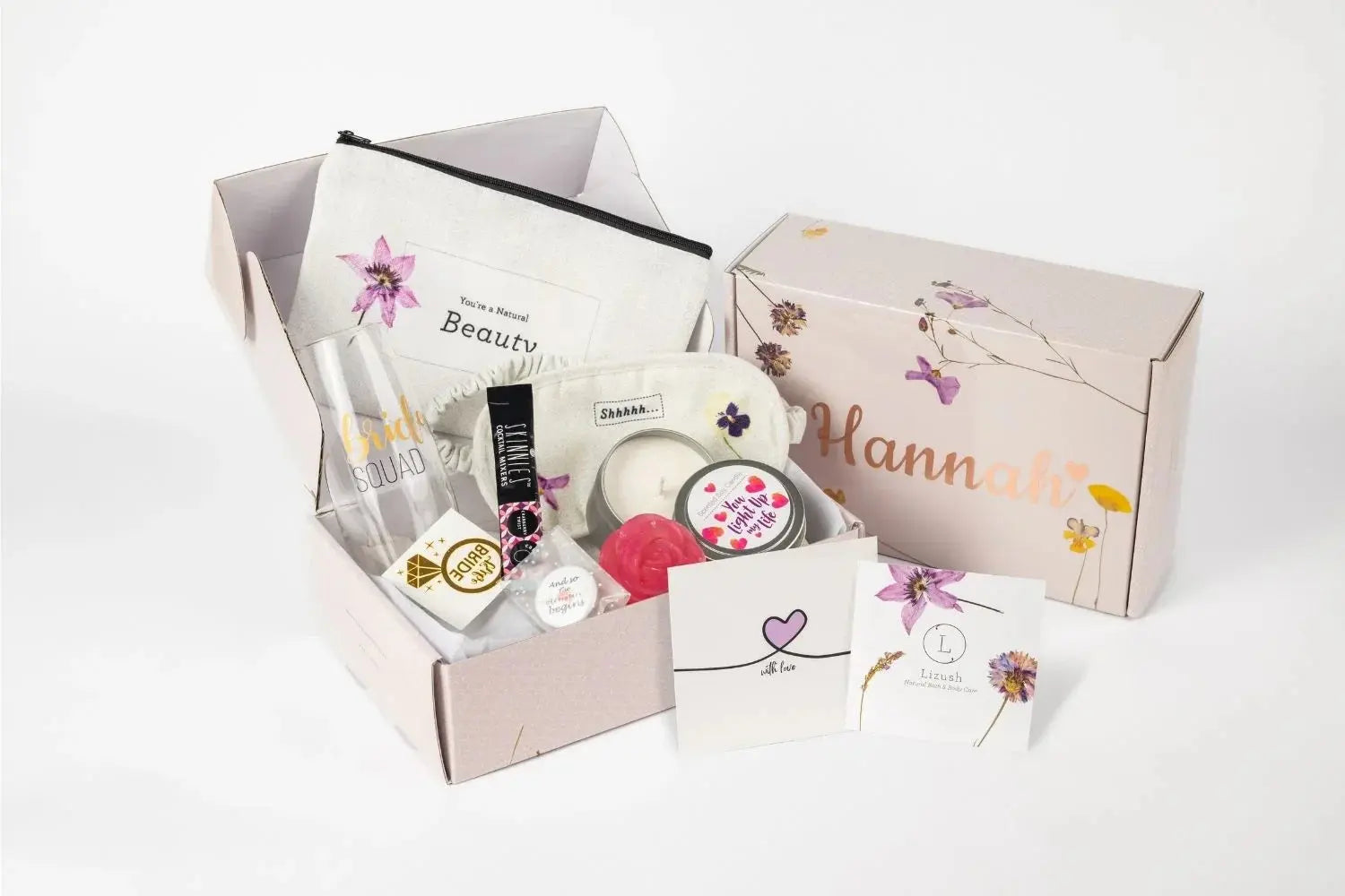 Personalized bridal gift box with candle, sleep mask, and bath essentials for cozy home decor