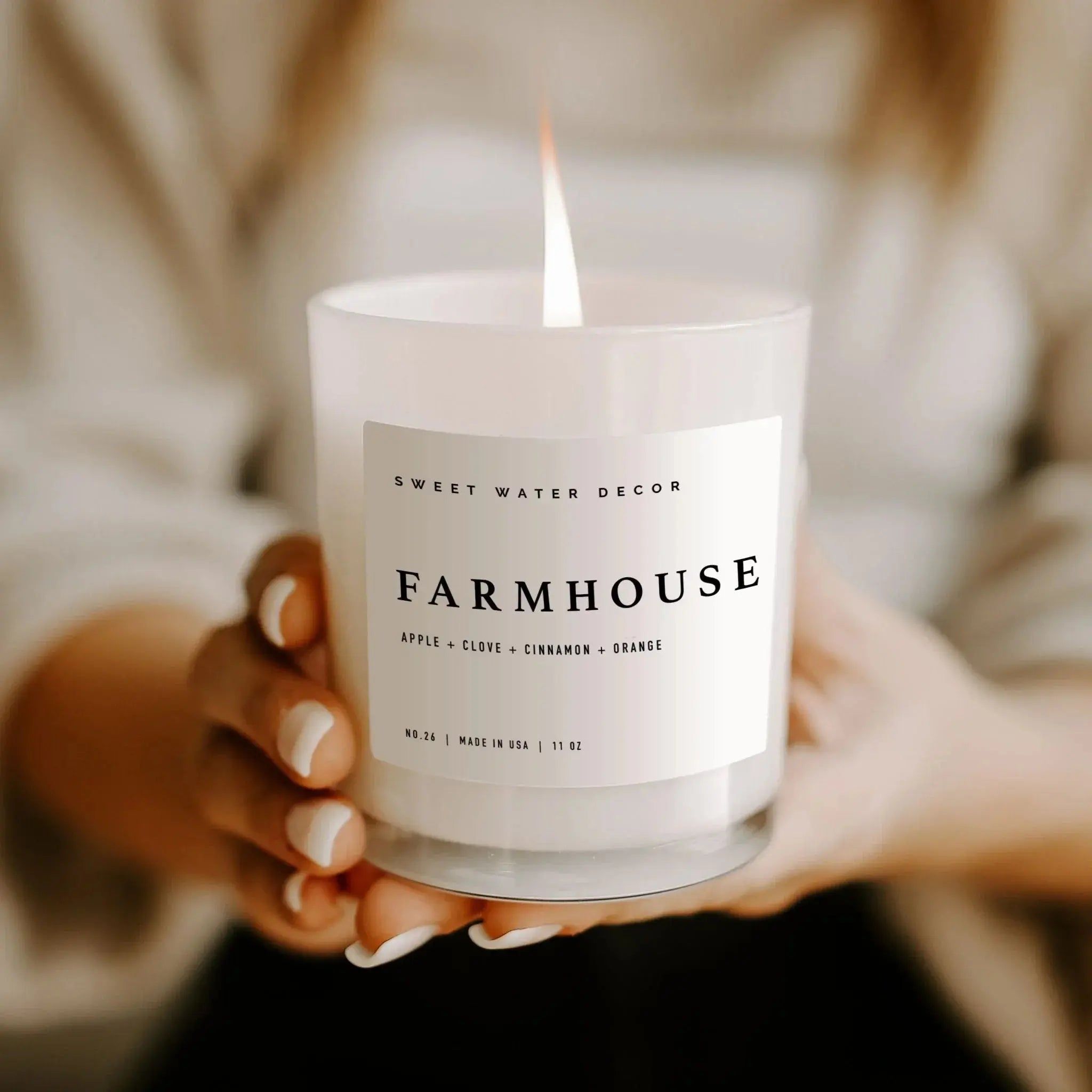 Lit Farmhouse scented candle with apple, clove, cinnamon, orange notes in frosted glass jar, cozy home decor
