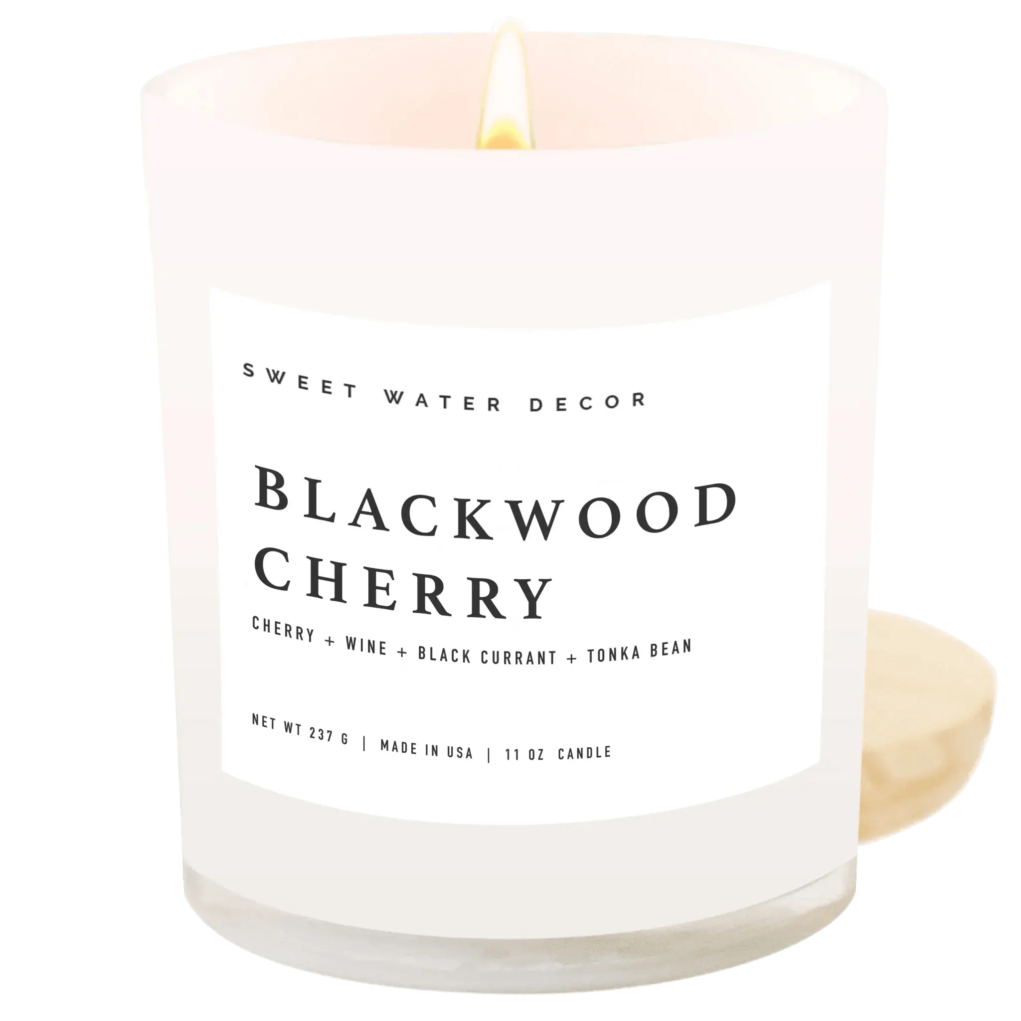 Blackwood Cherry scented candle in frosted glass, cozy home decor with cherry wine fragrance