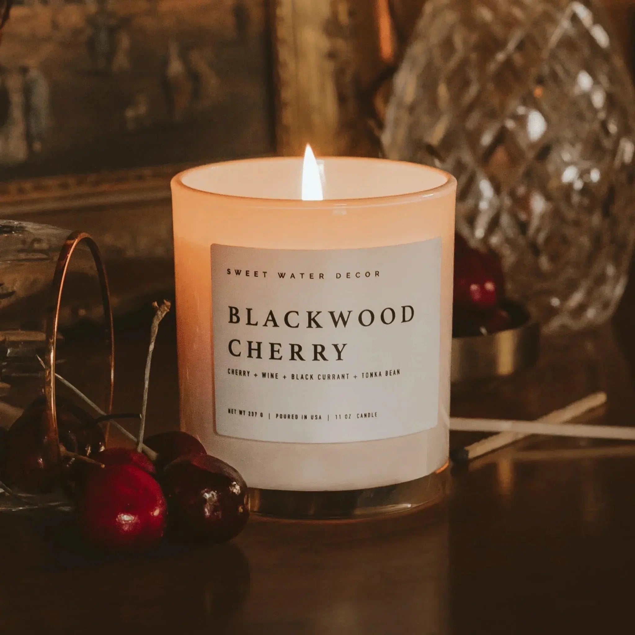 Blackwood Cherry scented candle with cherry accents, cozy farmhouse decor