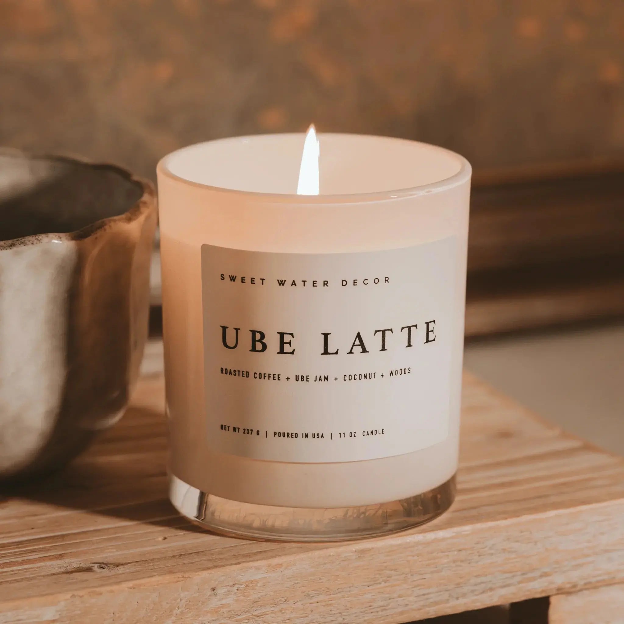 Ube Latte scented candle with roasted coffee, ube jam, coconut & woods notes, cozy farmhouse decor