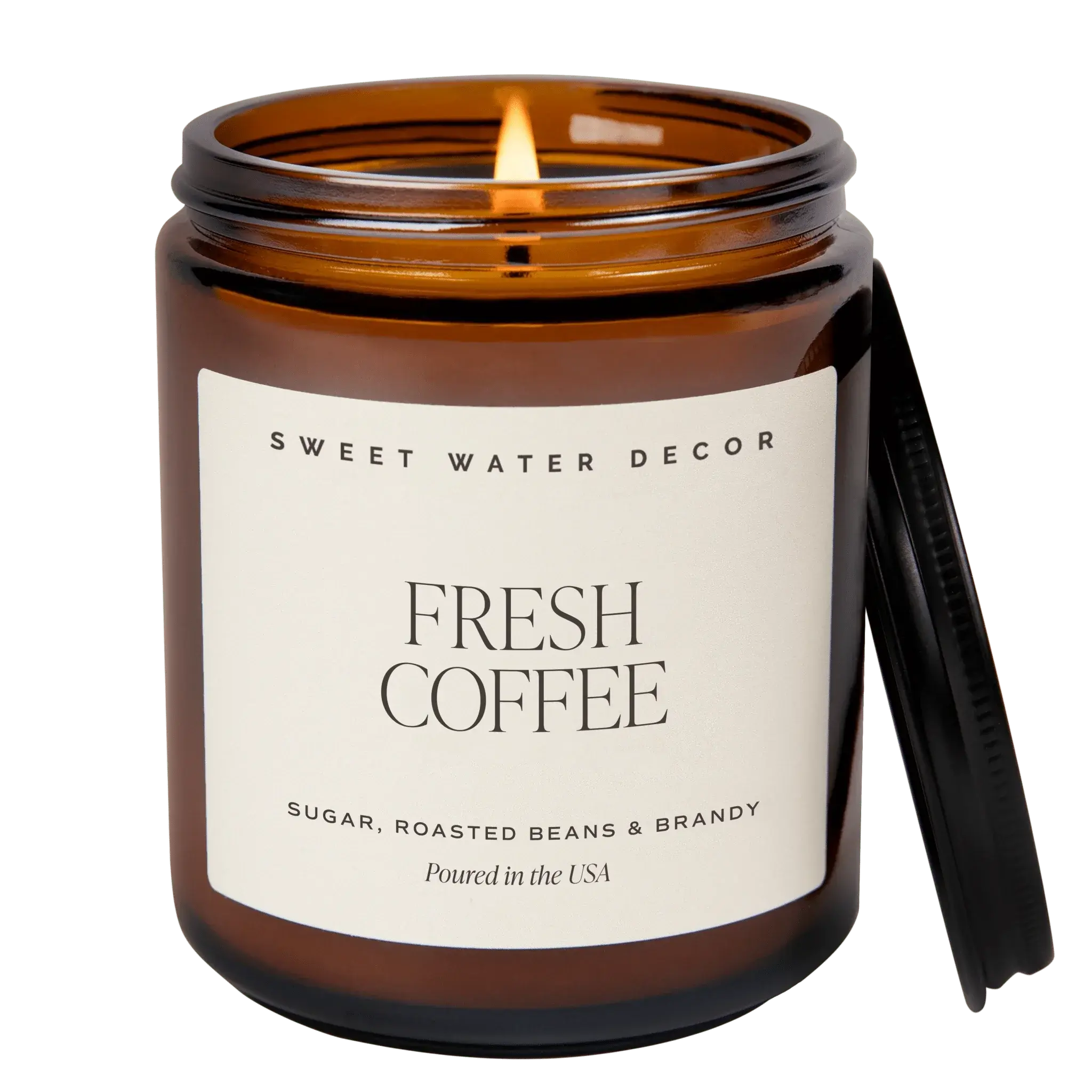 Fresh Coffee scented candle in amber jar, cozy home decor with sugar, roasted beans & brandy notes, USA poured