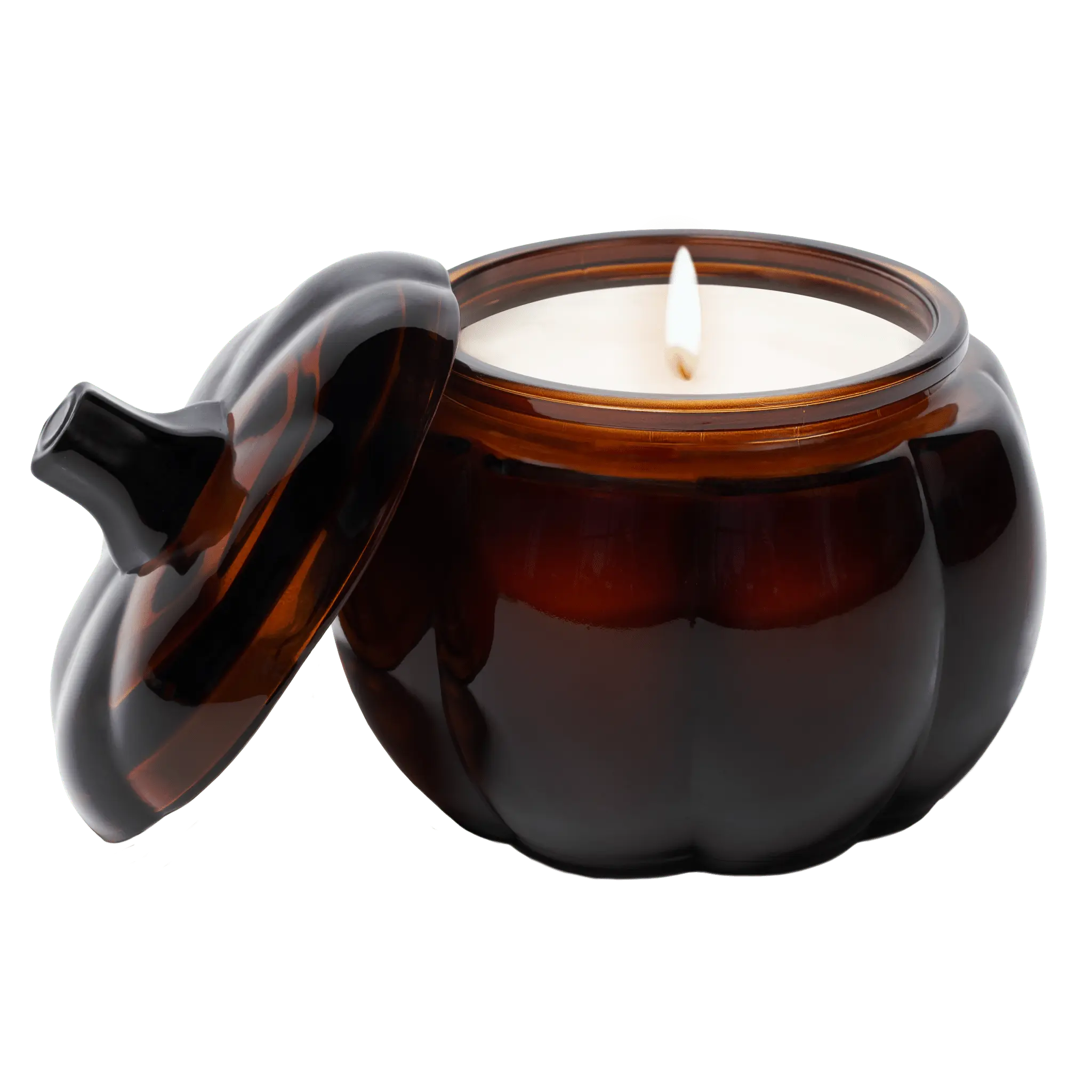 Pumpkin-shaped candle with a lit wick on a transparent background
