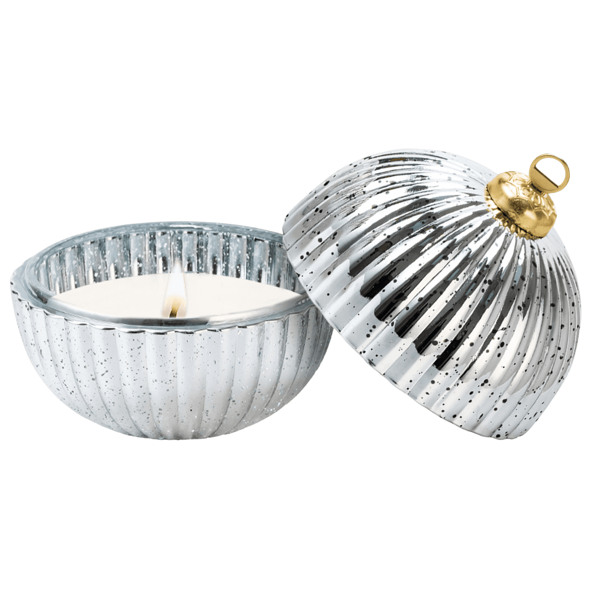 A silver ribbed glass candle jar with a matching lid, shown on a white background. The lid is propped up next to the open jar, which contains a white candle and a small flame.