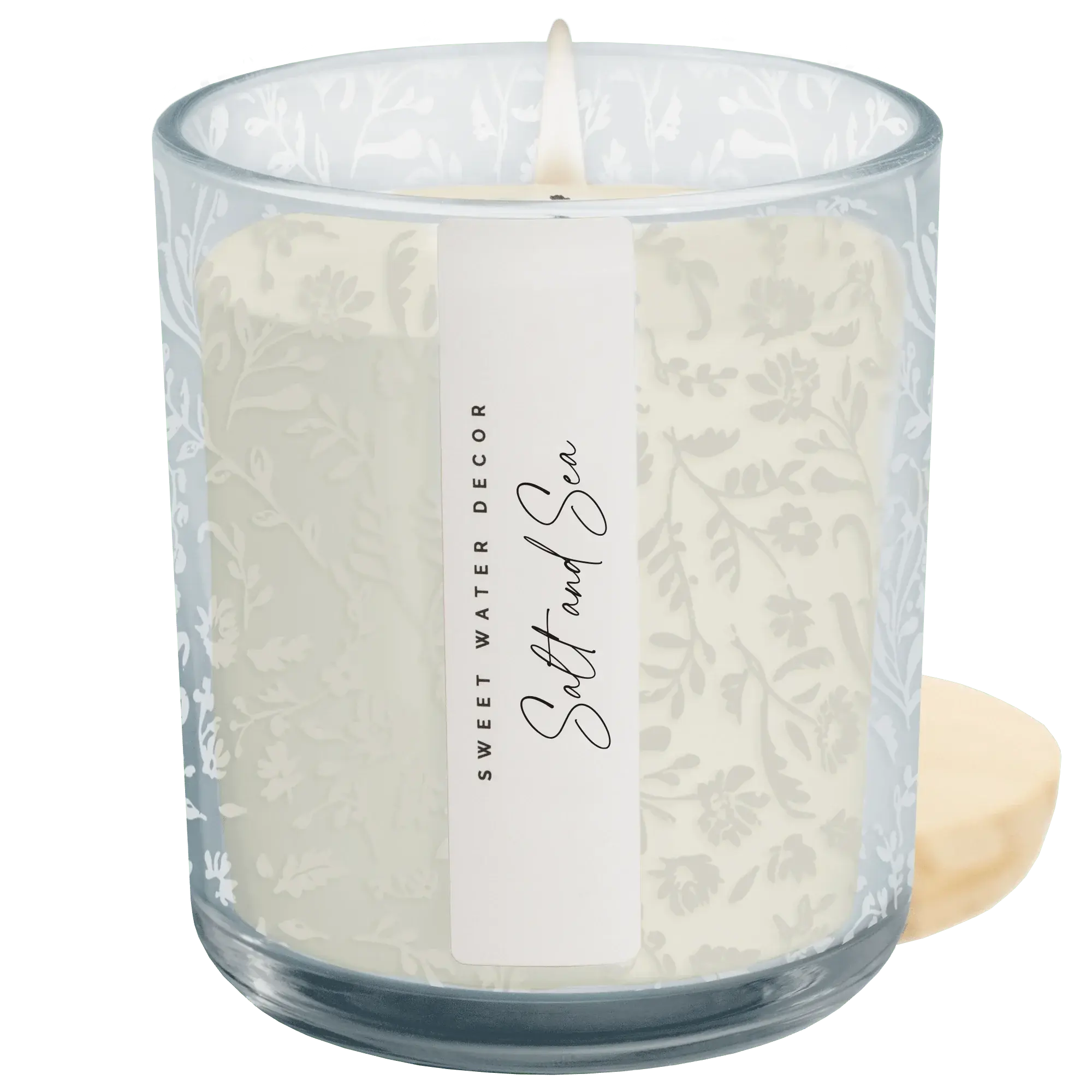 Salt and Sea scented candle in floral etched glass jar, cozy farmhouse decor
