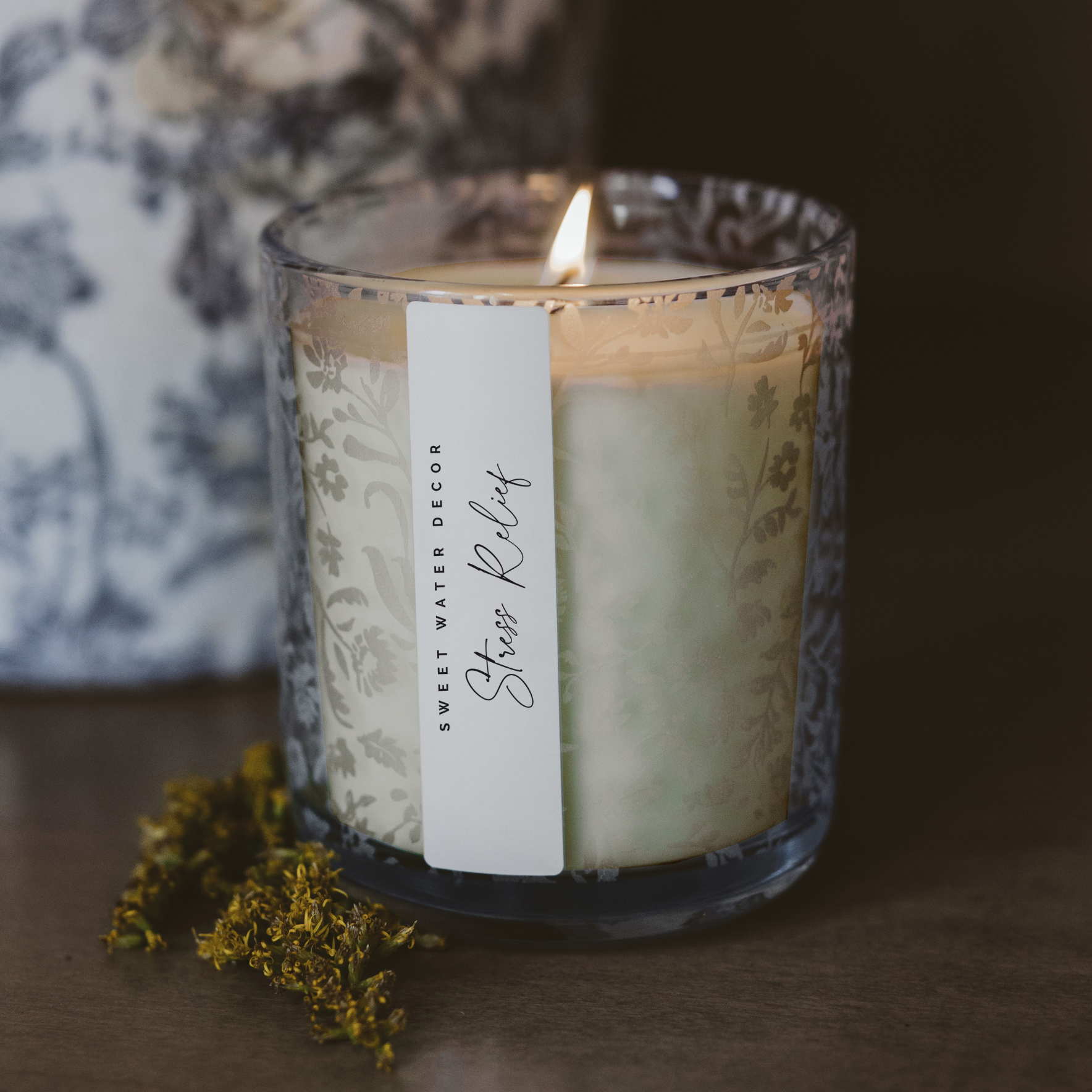 Stress Relief Soy Candle - Blue Tinted Glass Jar - 12 oz