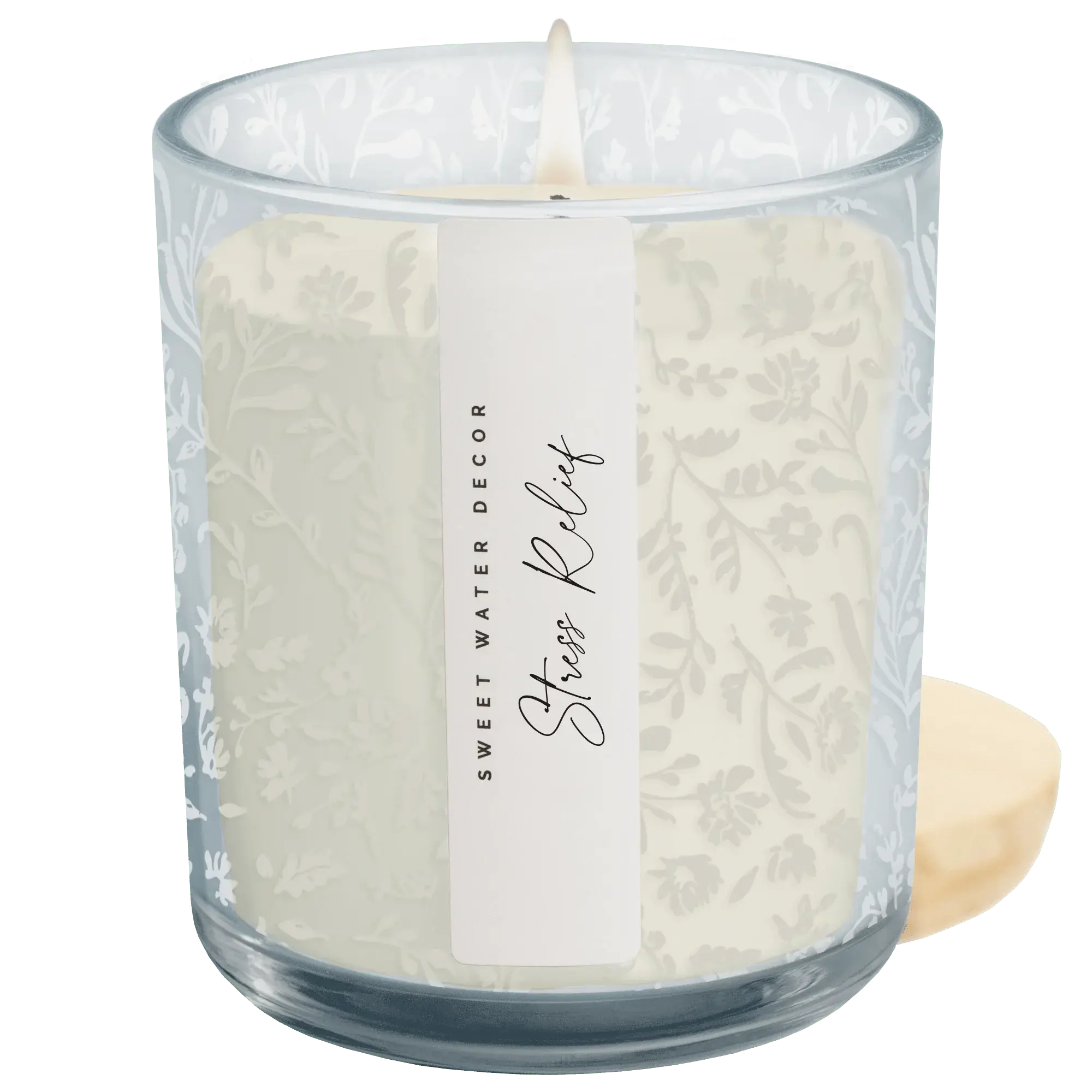 Stress Relief scented candle in floral glass jar, cozy farmhouse decor for peaceful home ambiance