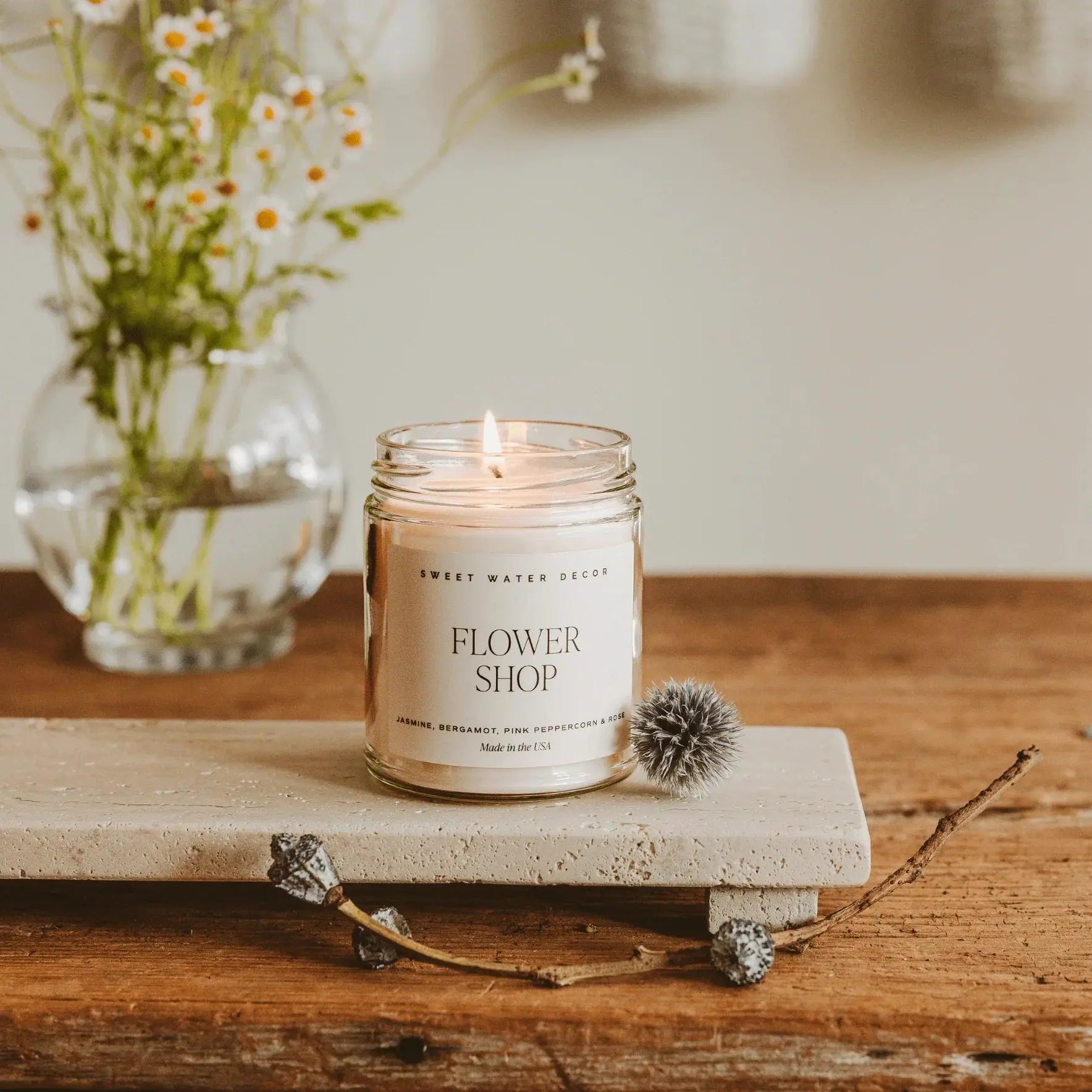 Flower Shop scented candle with daisies, rustic wood, and farmhouse decor
