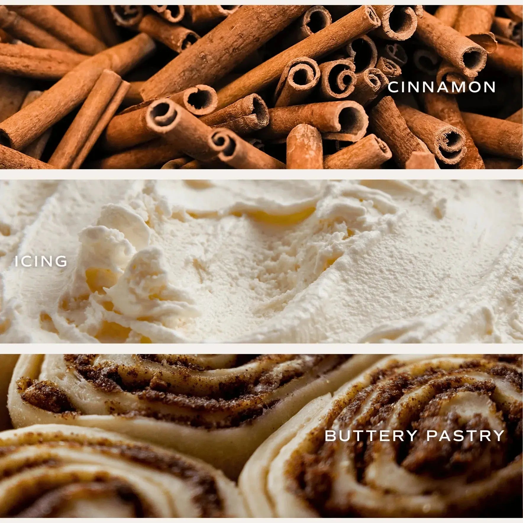 Top to bottom: Cinnamon sticks, icing, and a cinnamon roll with icing.