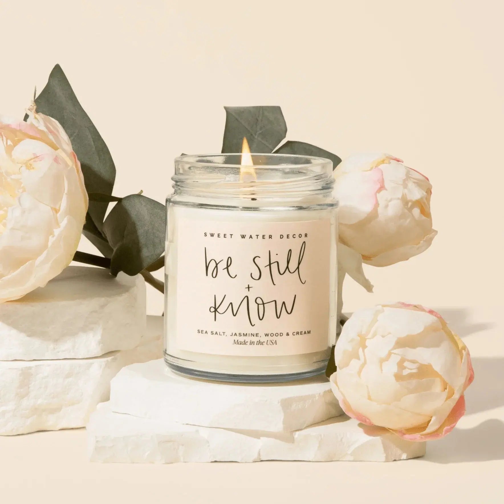 Be Still + Know scented candle with peonies, farmhouse decor, sea salt jasmine wood & cream scent