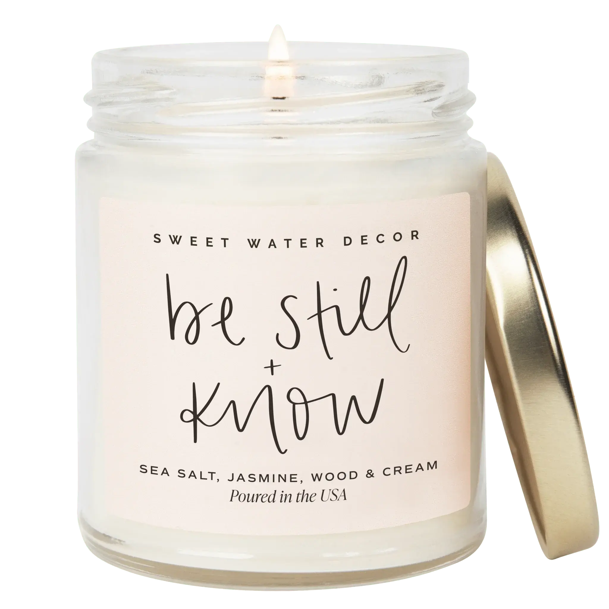 Be Still + Know scented candle with sea salt, jasmine, wood & cream notes, poured in USA, cozy home decor