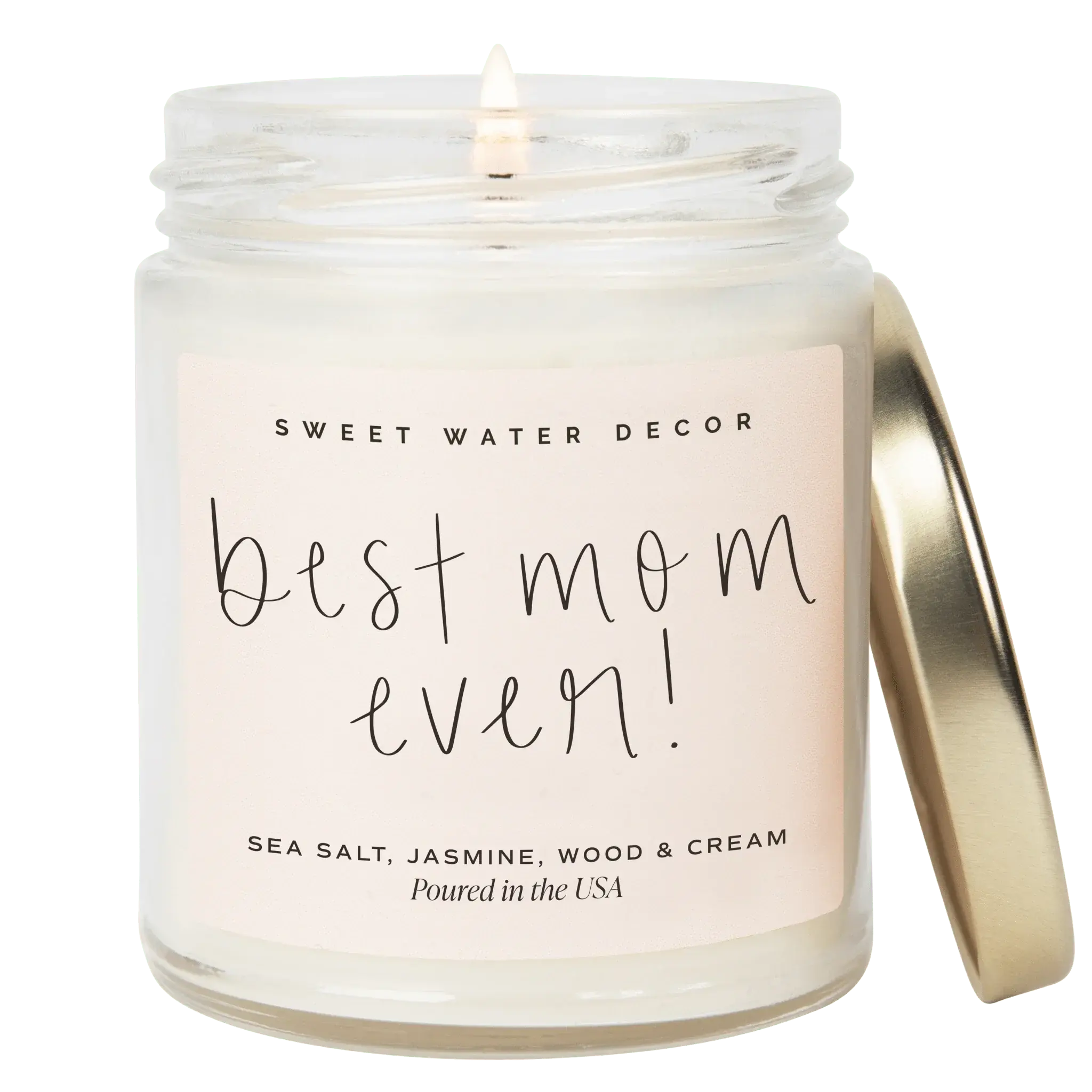 Best Mom Ever scented candle in glass jar with gold lid, sea salt jasmine wood & cream fragrance, poured in USA