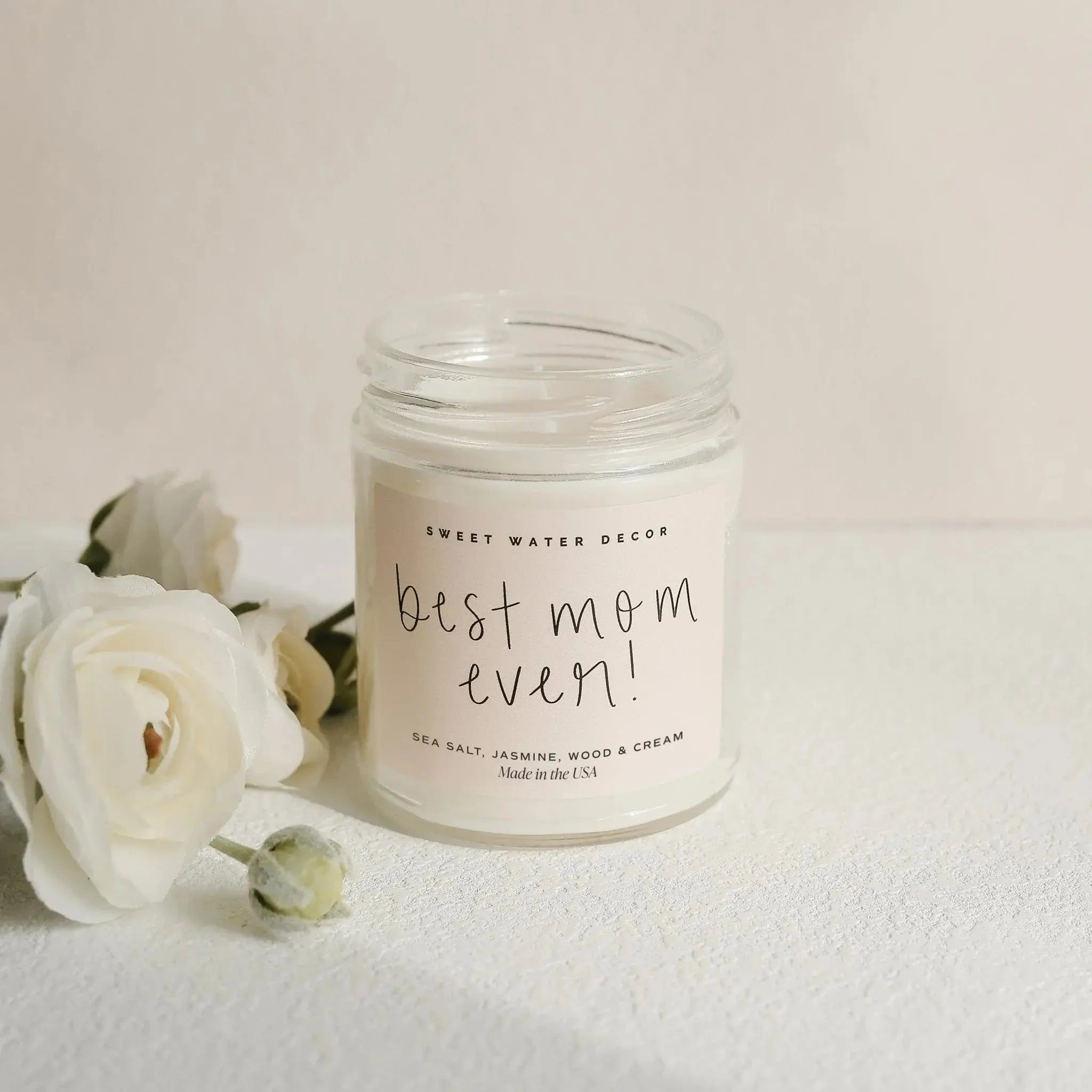 Best Mom Ever soy candle with sea salt jasmine scent, farmhouse decor gift with white roses