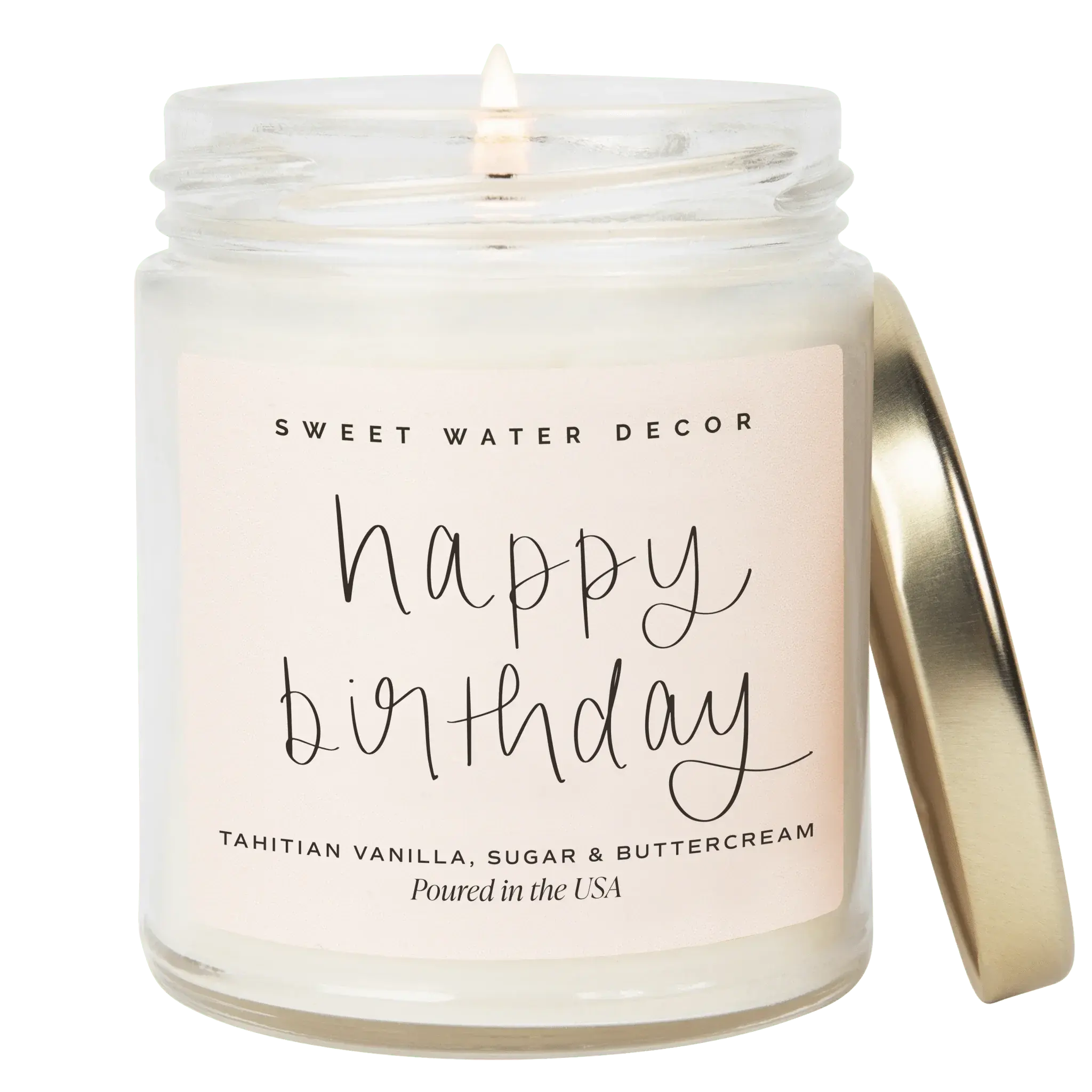 Happy Birthday candle in glass jar with gold lid, vanilla sugar buttercream scent, cozy home decor