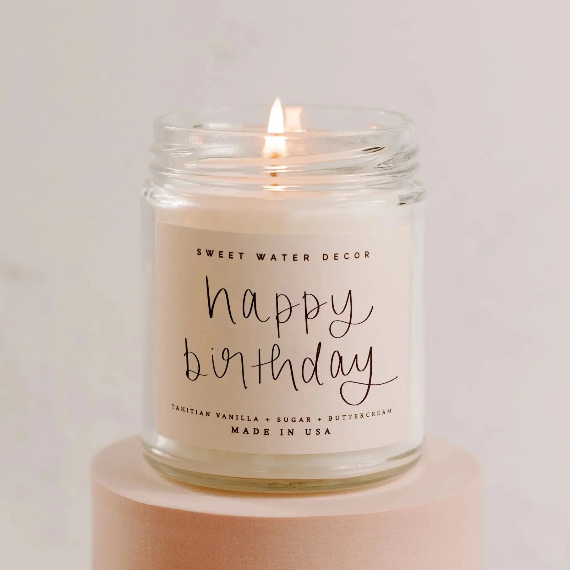 Happy Birthday candle in glass jar, vanilla sugar buttercream scent, cozy home decor gift