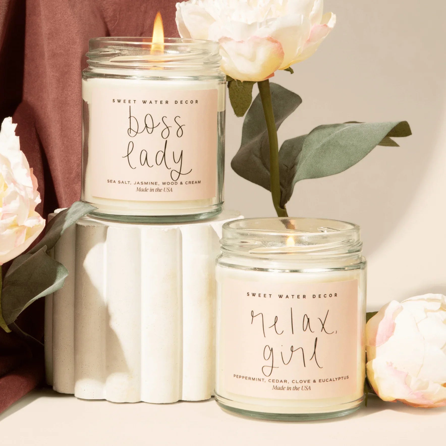 Boss Lady and Relax Girl scented candles with peonies, cozy farmhouse decor
