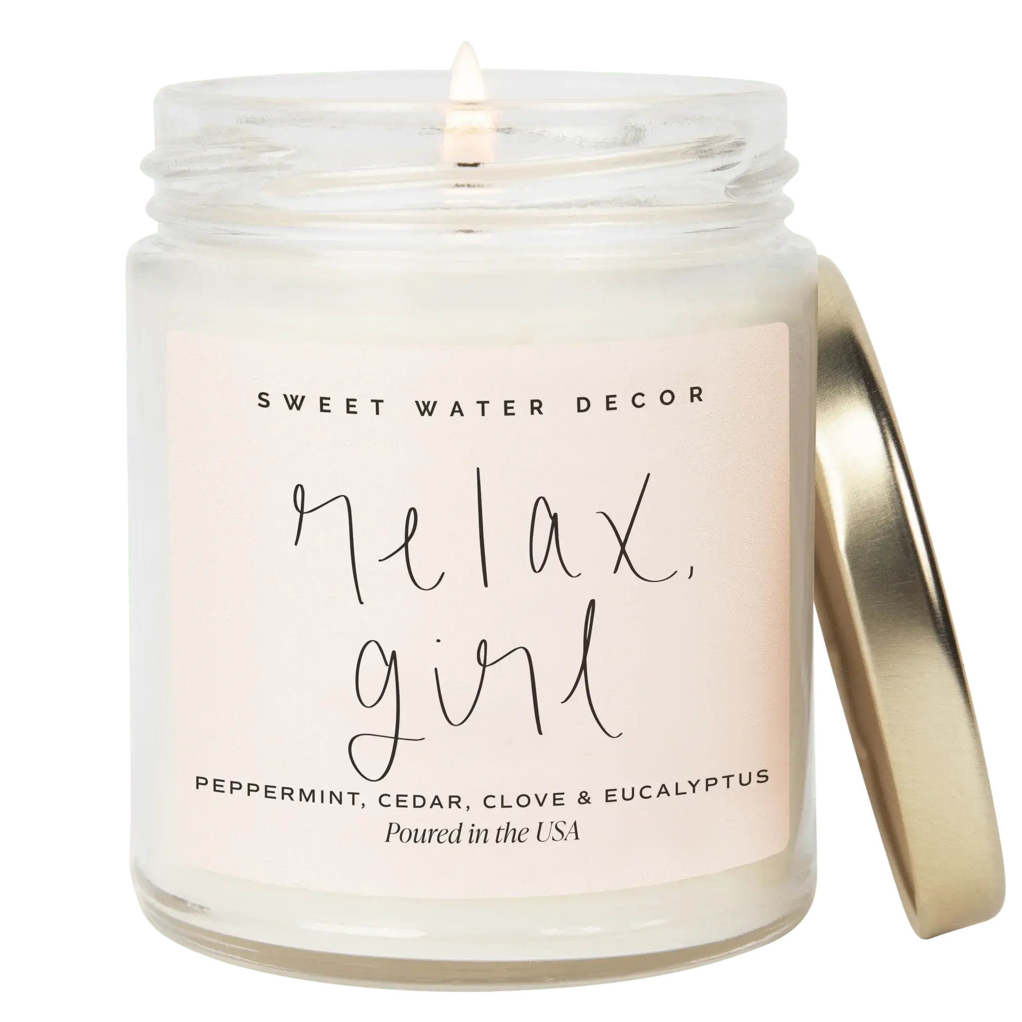 Relax girl scented candle with peppermint, cedar, clove & eucalyptus in glass jar, cozy home decor