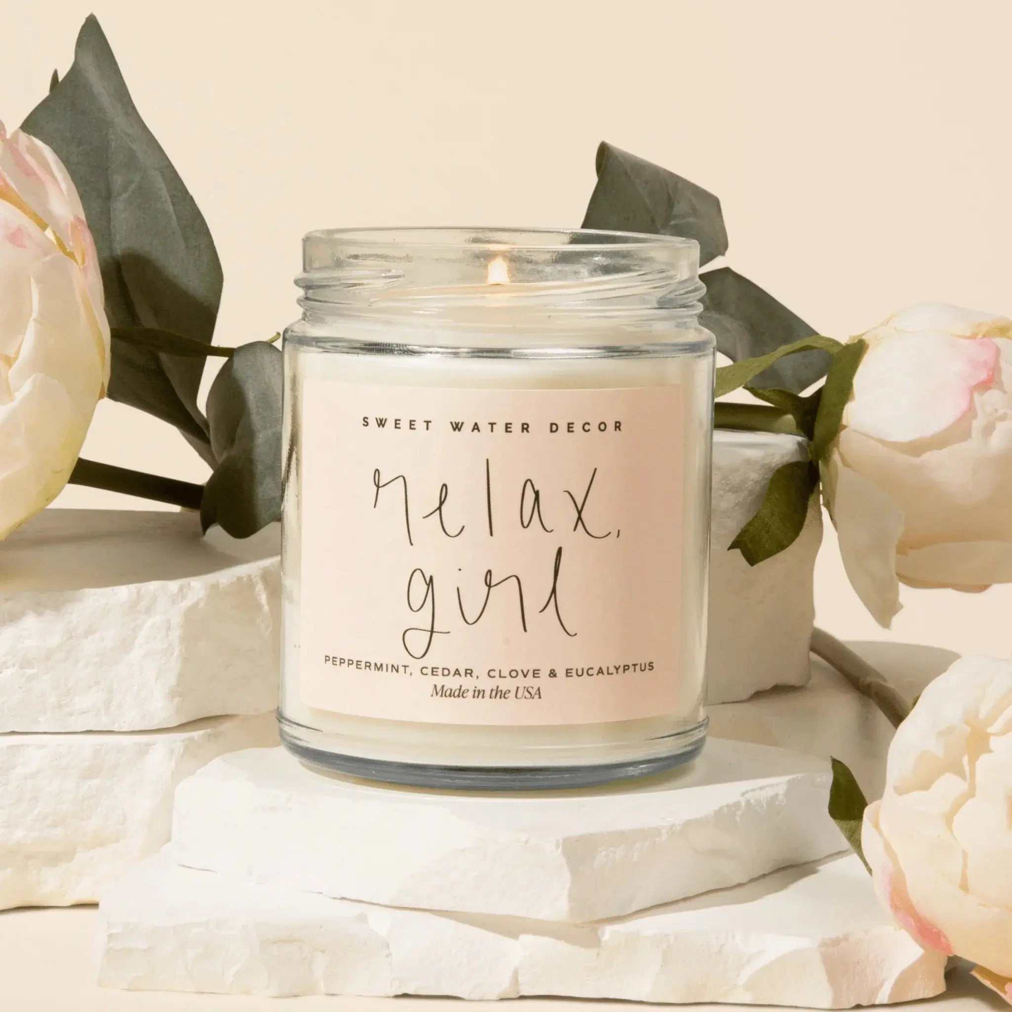 Relax girl scented candle with peppermint, cedar, clove & eucalyptus, cozy farmhouse decor