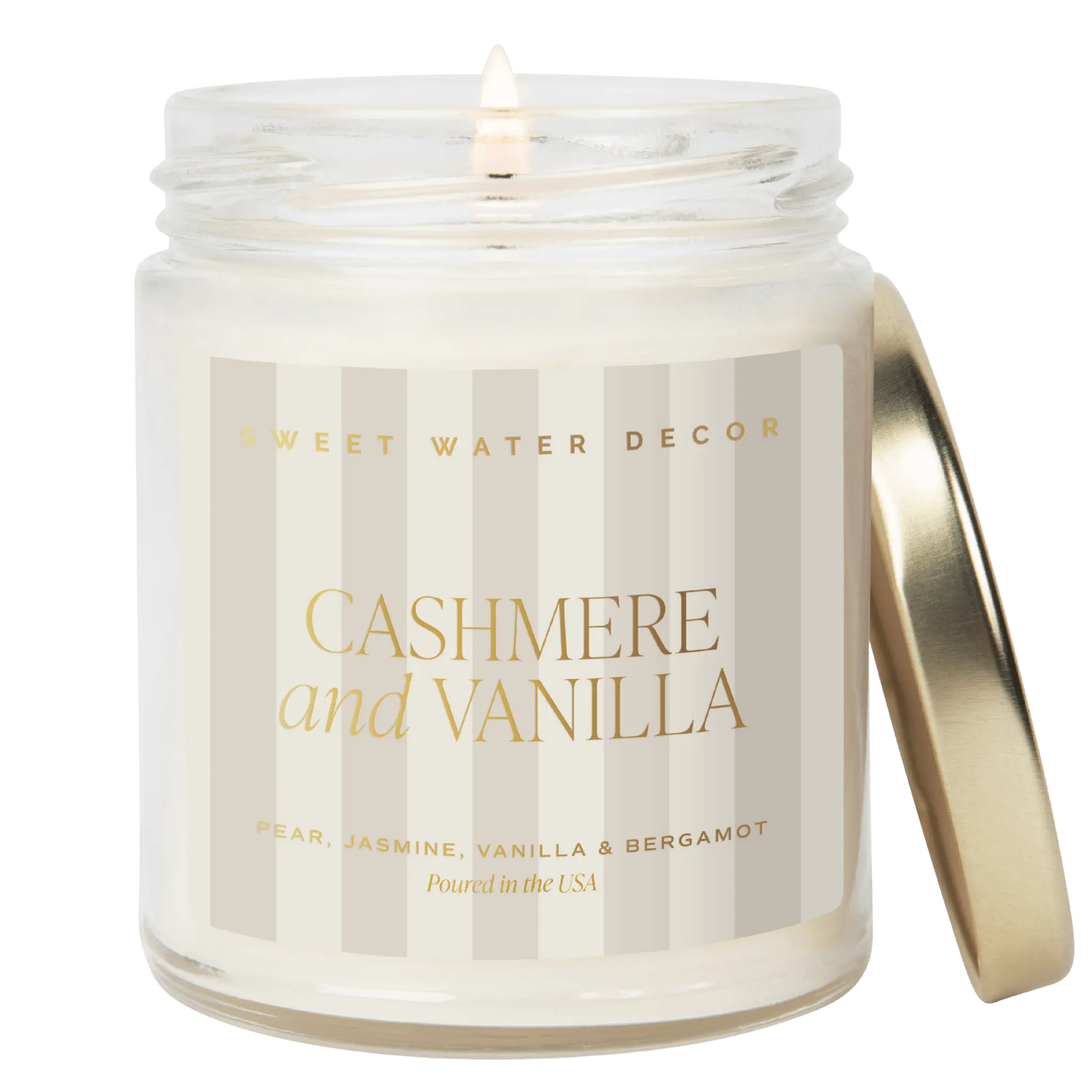 Cashmere and Vanilla scented candle in glass jar with gold lid, cozy home decor