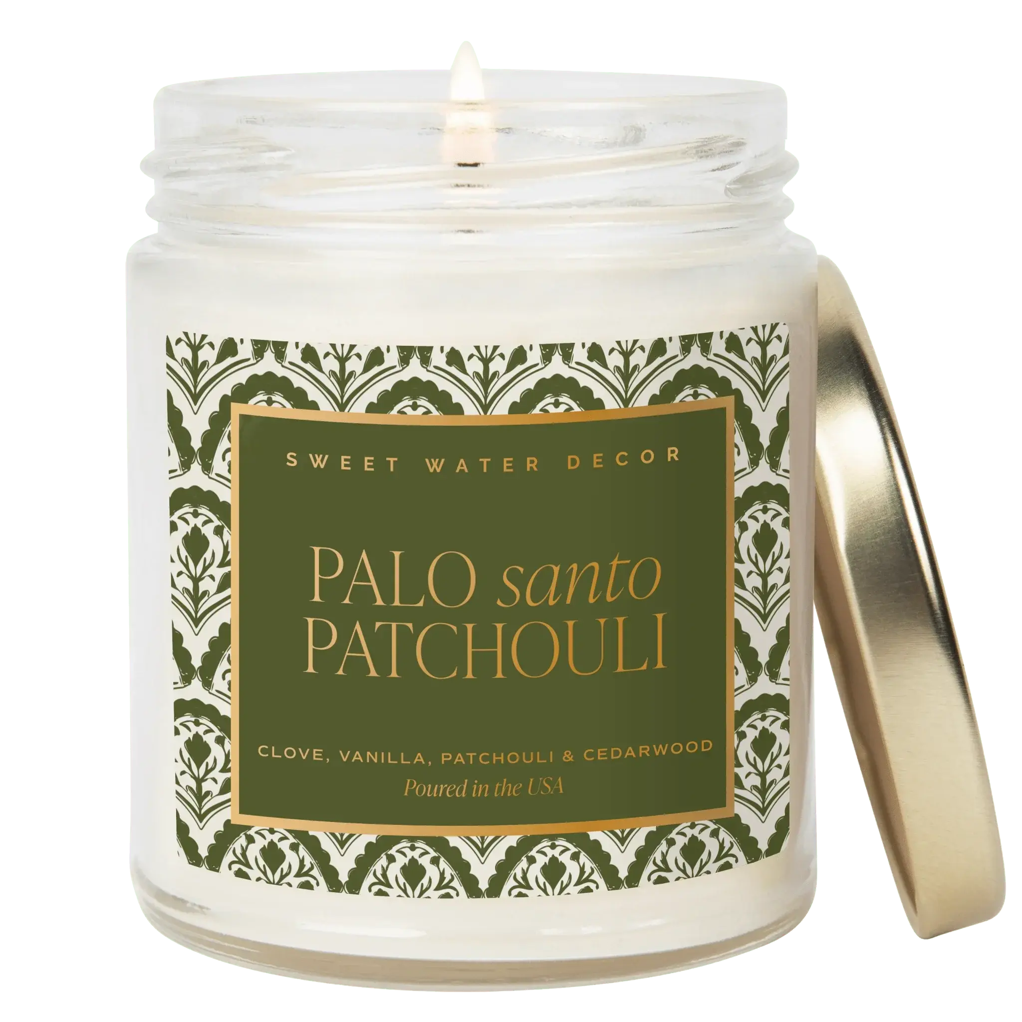 Palo Santo Patchouli candle in glass jar with gold lid, farmhouse decor scent with clove vanilla cedarwood