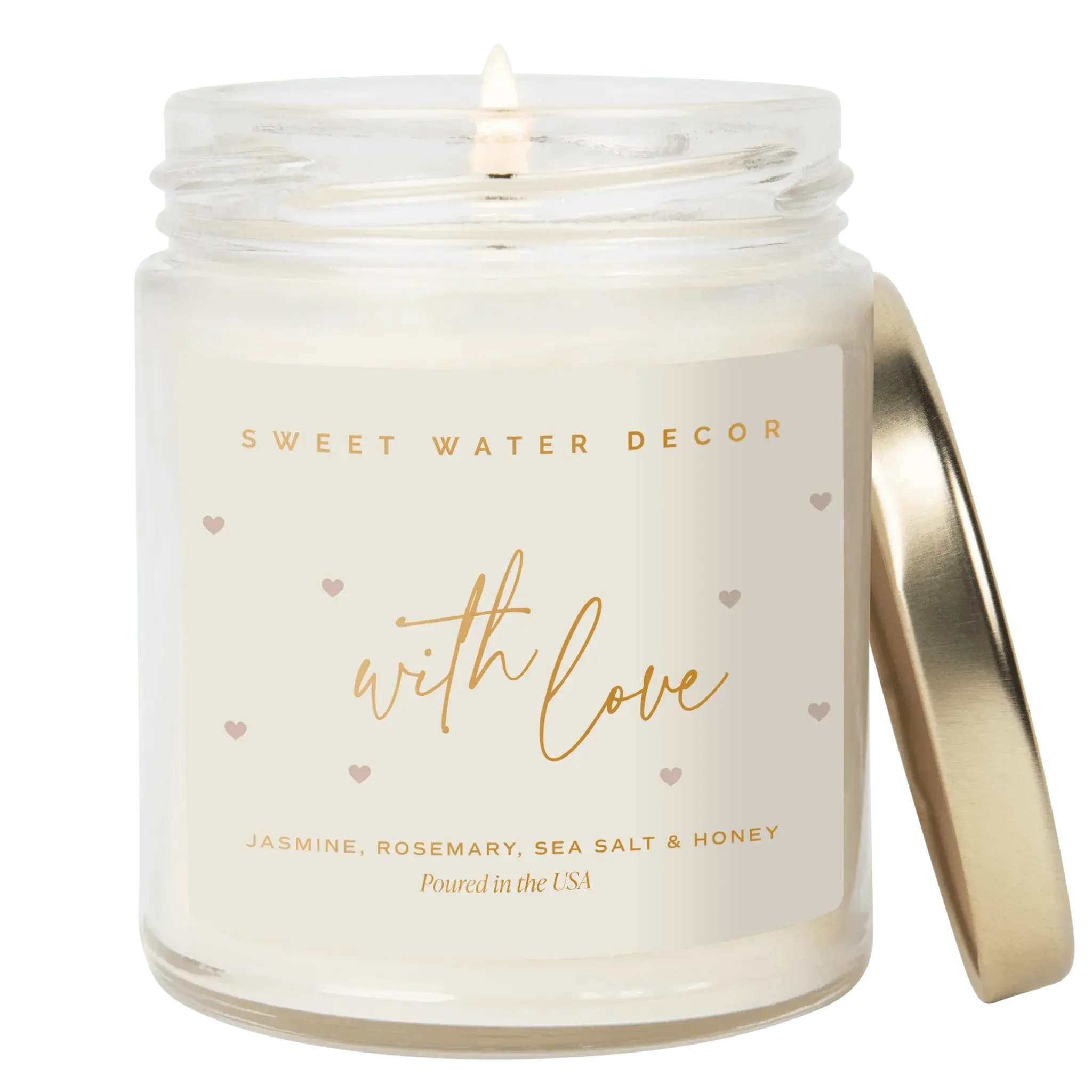 Sweet Water Decor 'With Love' scented candle with jasmine, rosemary, sea salt & honey, lit in glass jar with gold lid