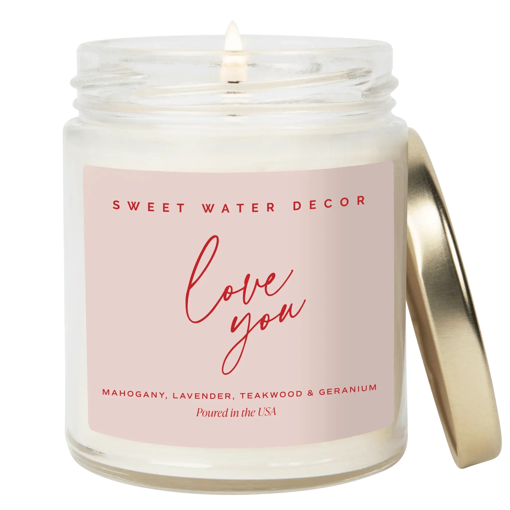 Sweet Water Decor 'Love You' candle with mahogany, lavender, teakwood & geranium scents, poured in USA