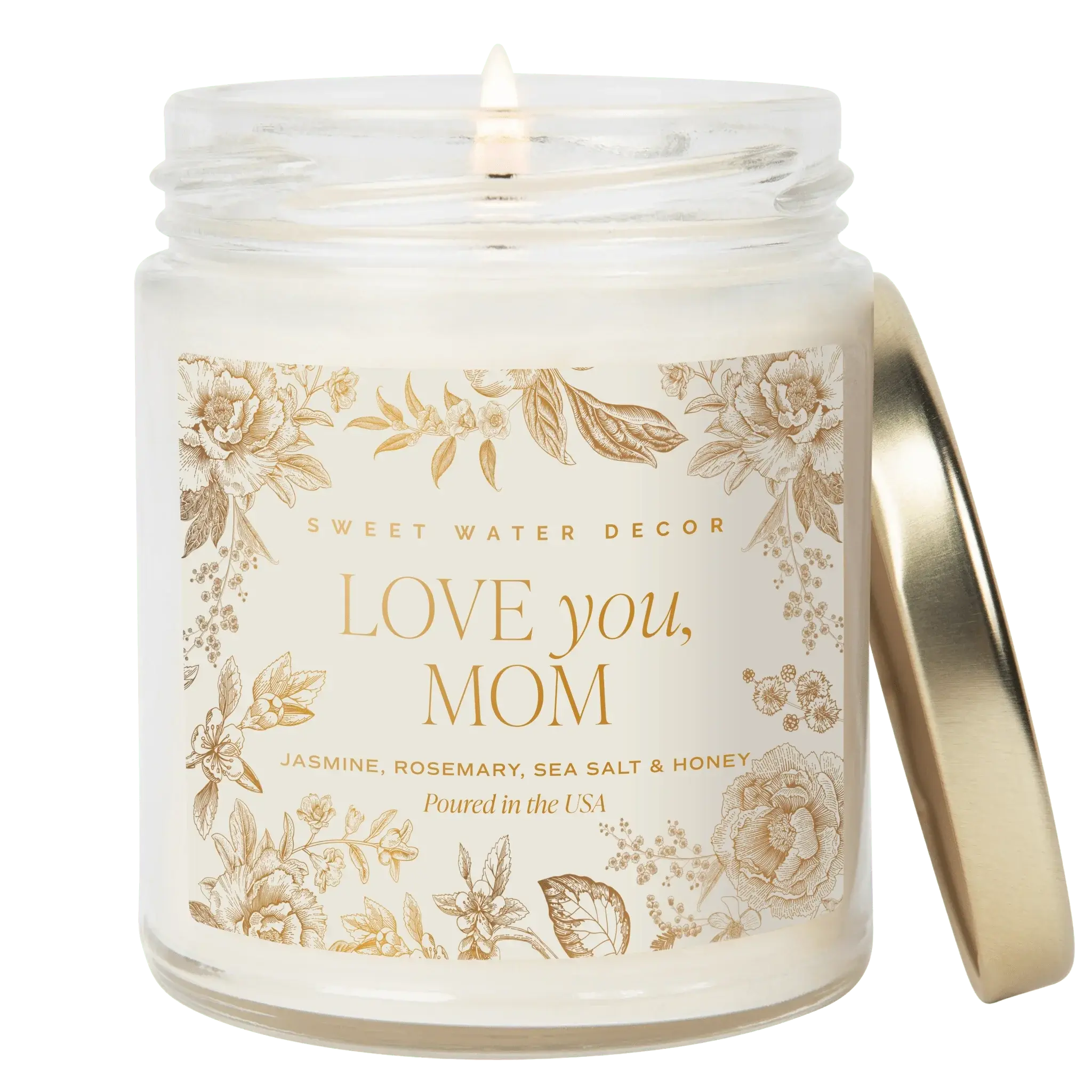 Love You Mom scented candle with floral label, jasmine rosemary sea salt honey, cozy home decor gift