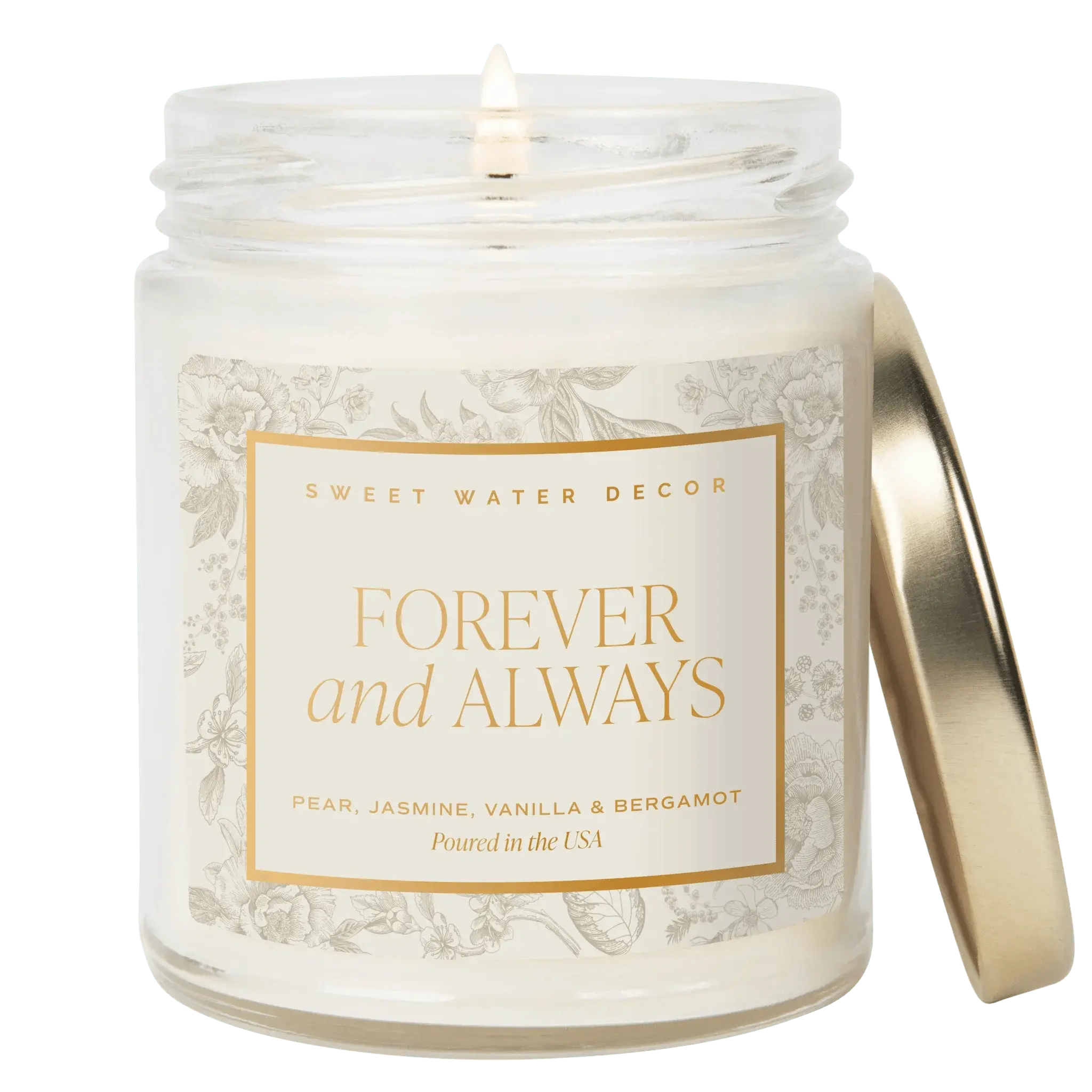 Forever and Always scented candle with pear, jasmine, vanilla & bergamot in clear jar, farmhouse decor