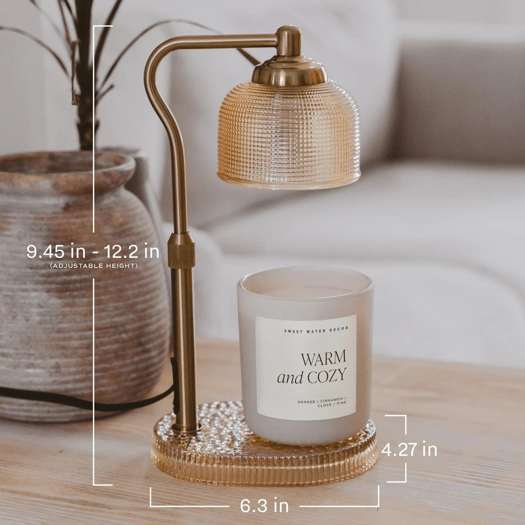 Warm and Cozy scented candle with adjustable brass warmer, farmhouse decor for cozy living spaces