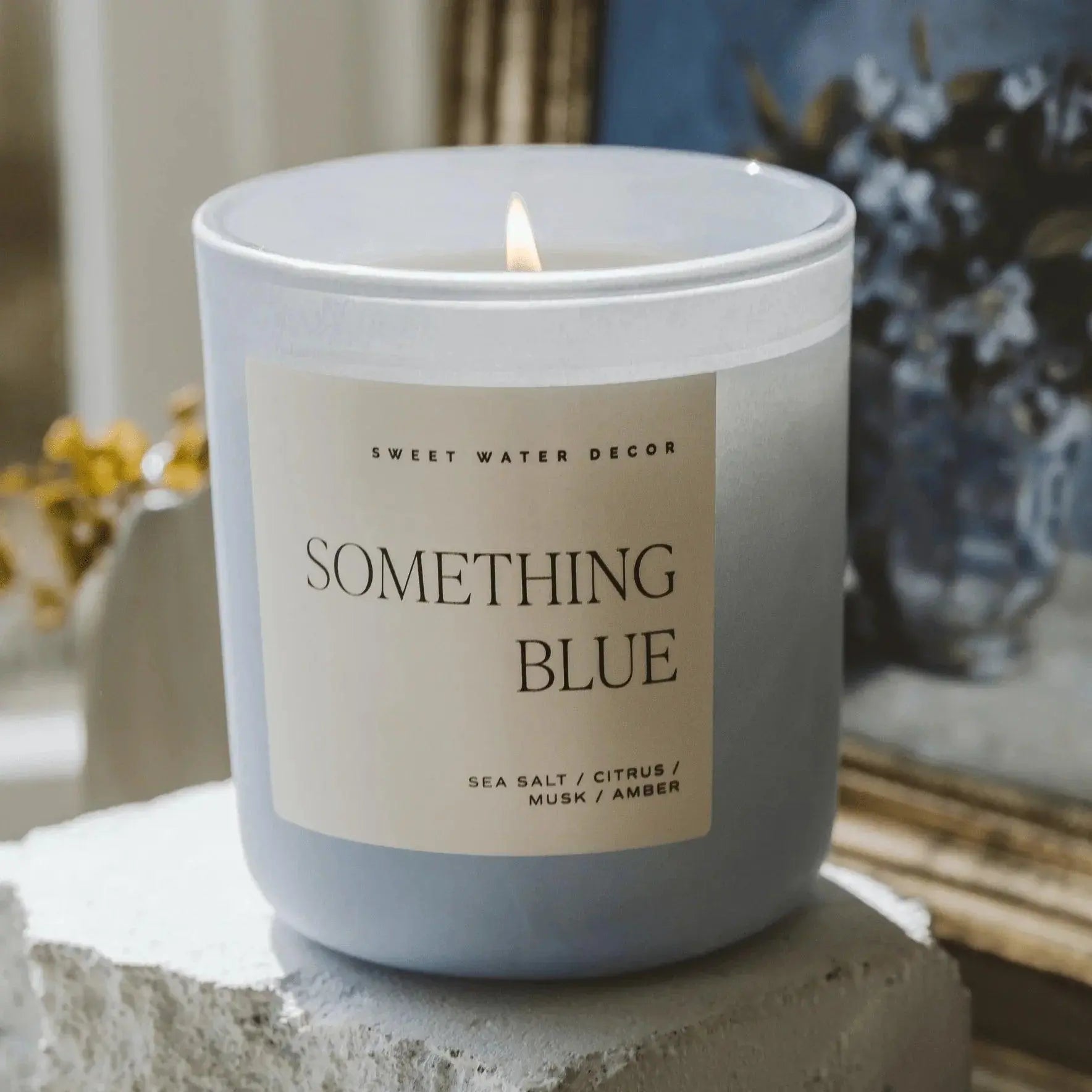 Something Blue scented candle with sea salt citrus musk amber notes, cozy farmhouse decor