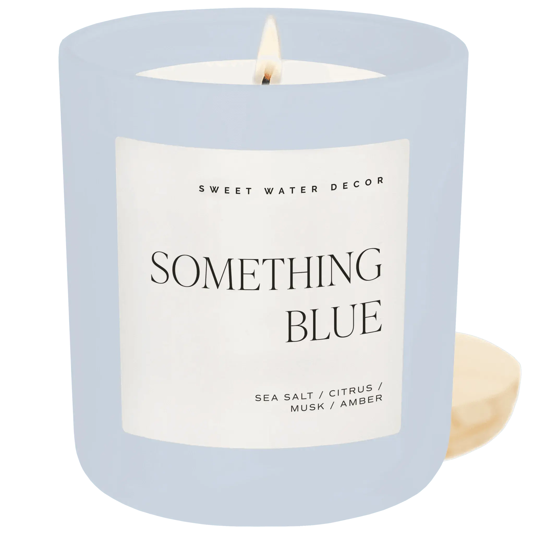 Something Blue scented candle with sea salt citrus musk amber notes, cozy home decor