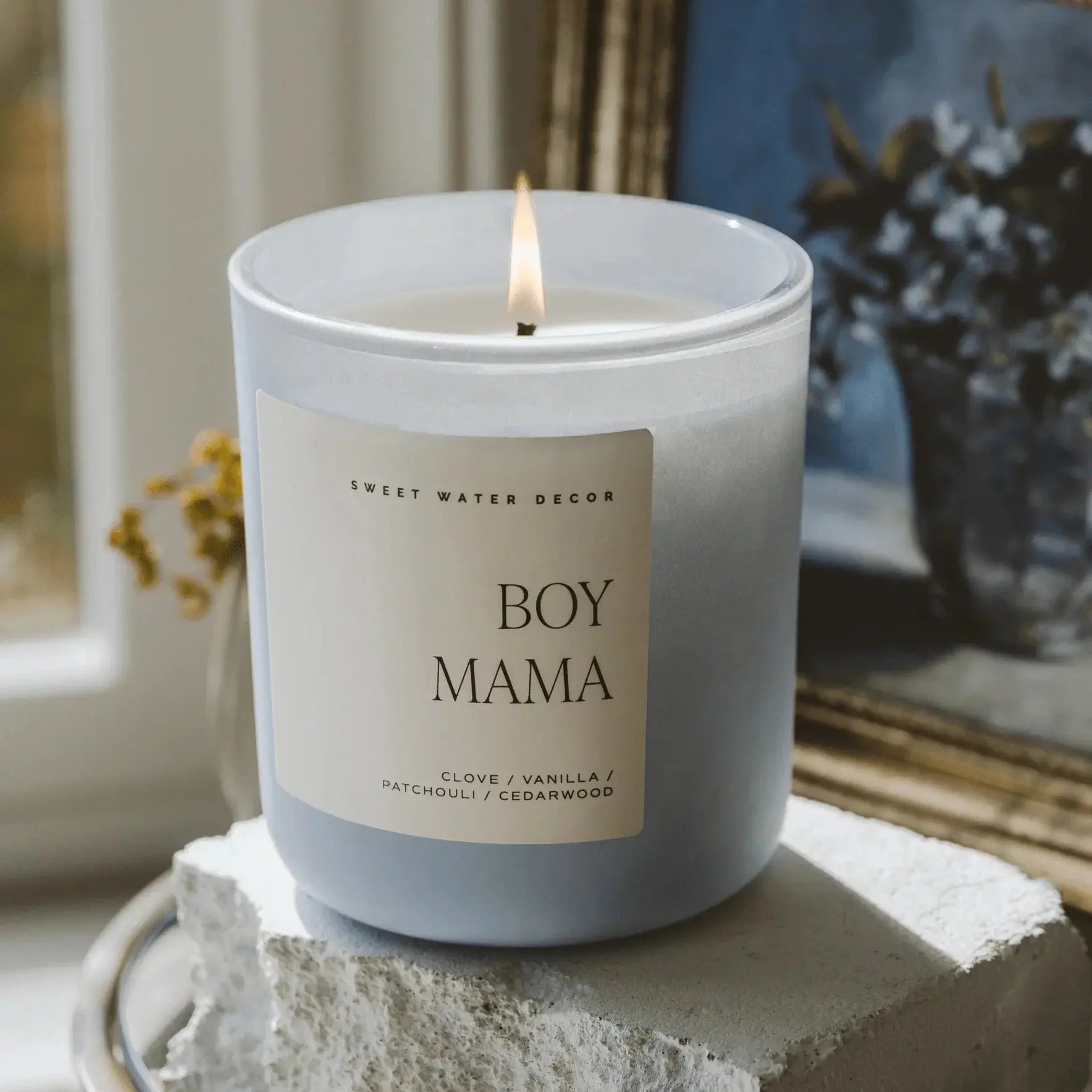 Lit Boy Mama candle by Sweet Water Decor, cozy farmhouse style with clove vanilla scent, perfect home decor