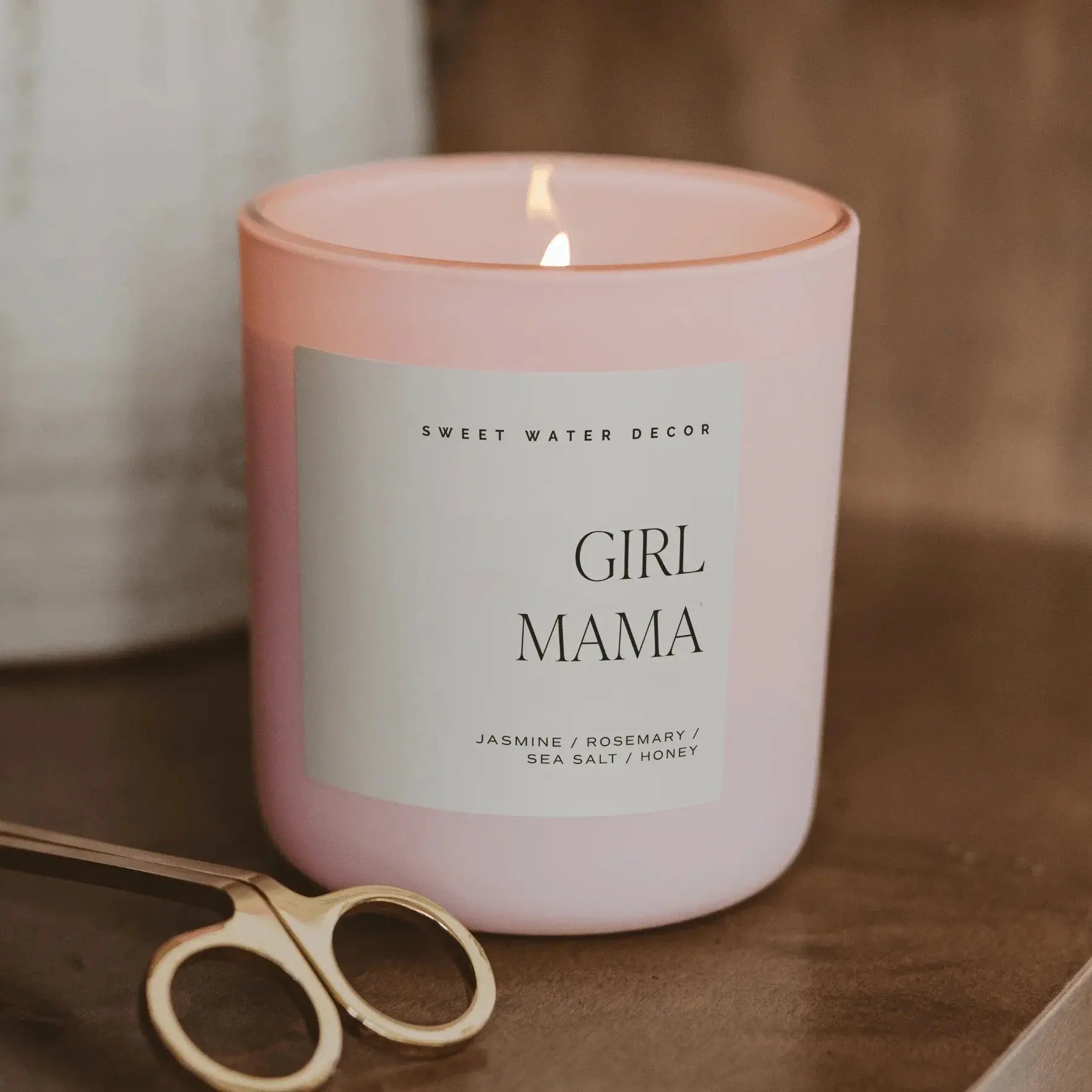 Pink 'Girl Mama' scented candle with jasmine, rosemary, sea salt, honey notes, cozy home decor