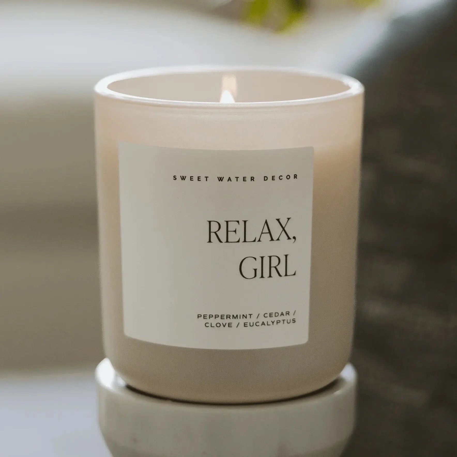Relax, Girl scented candle with peppermint, cedar, clove, eucalyptus in cozy farmhouse decor