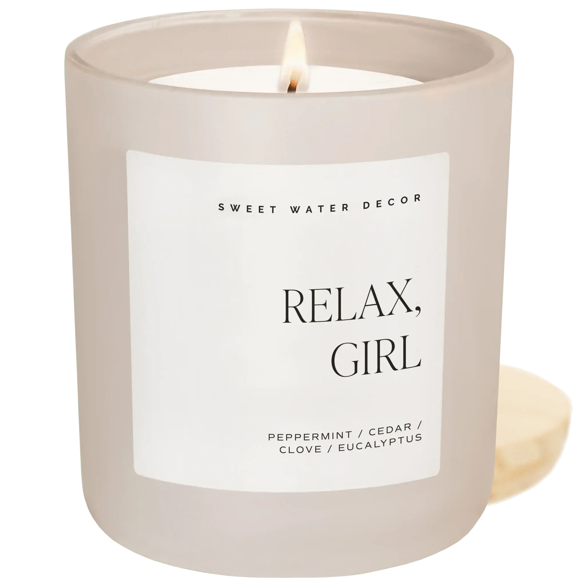 Relax, Girl scented candle with peppermint, cedar, clove, eucalyptus in frosted glass jar, cozy home decor
