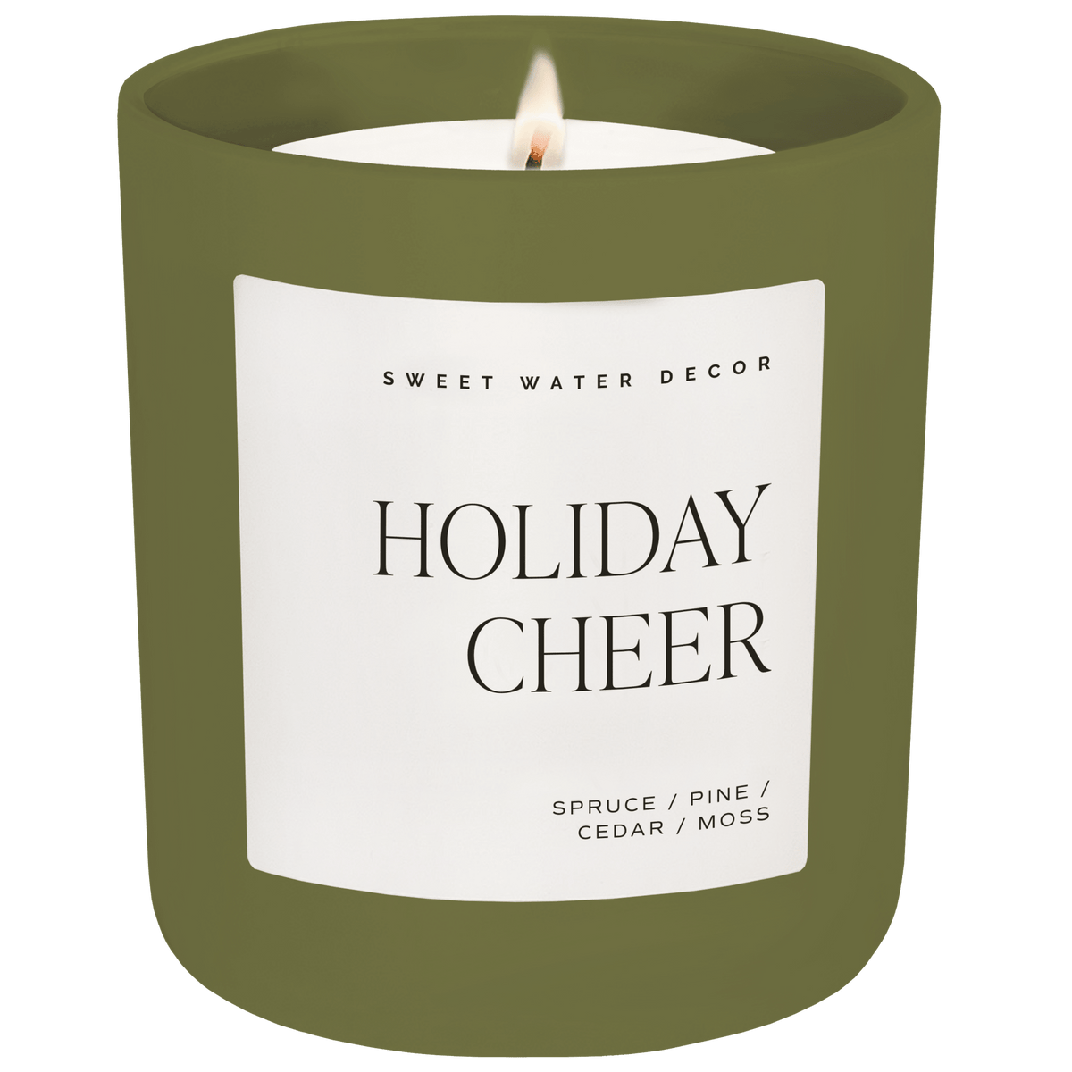 An olive green glass jar candle with a white label reading 'HOLIDAY CHEER' and 'SWEET WATER DECOR', shown lit on a white background.