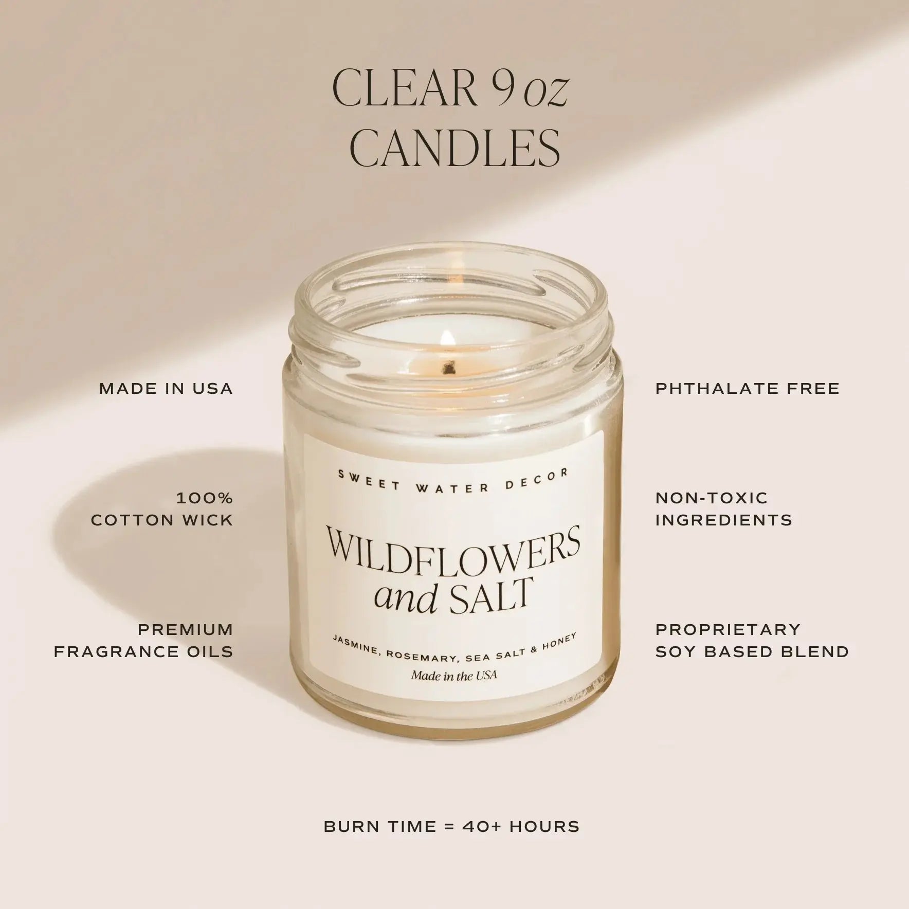 Wildflowers and Salt 9oz soy candle in clear jar, non-toxic, phthalate-free, made in USA, cozy home decor