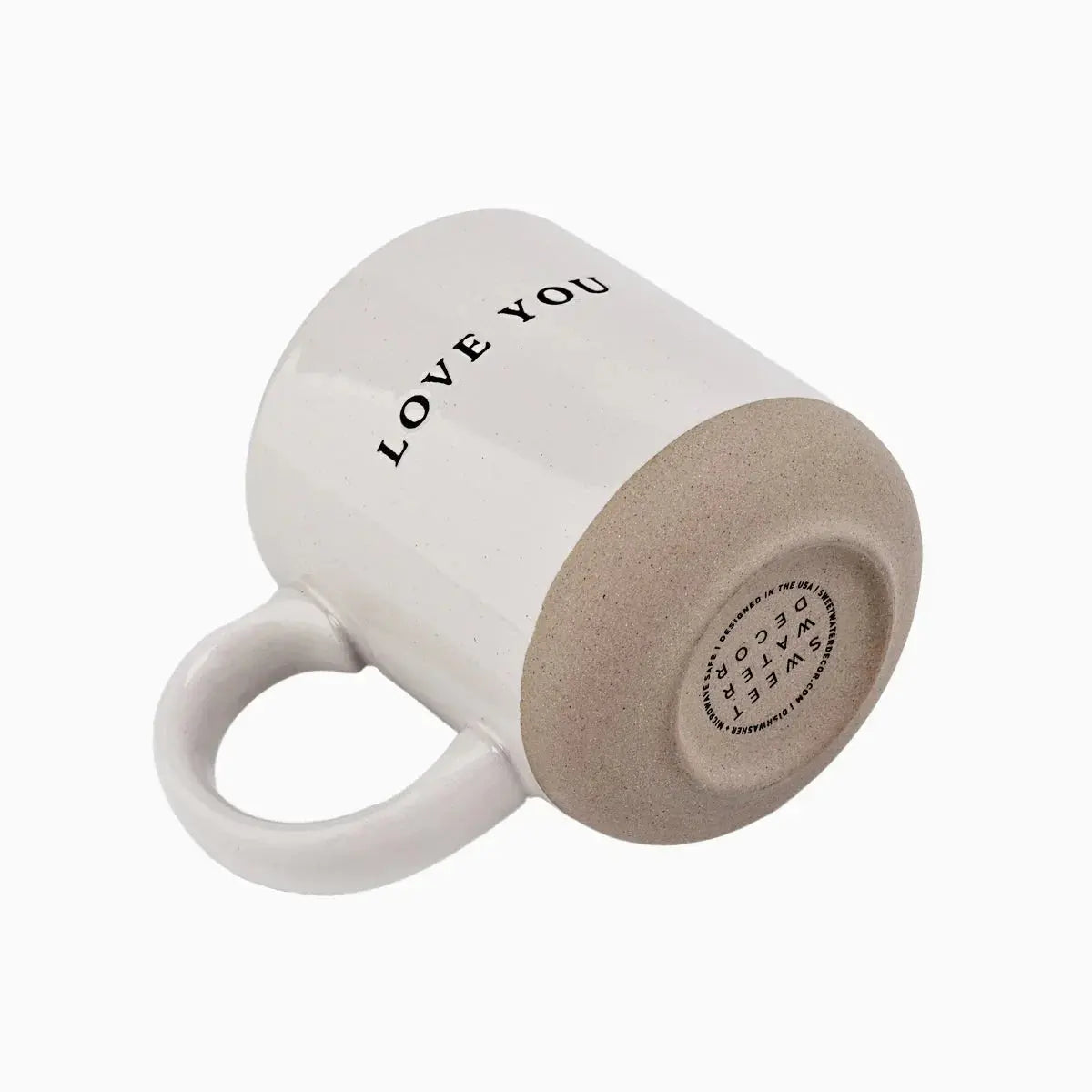 White ceramic mug with 'LOVE YOU' text, farmhouse-style home decor