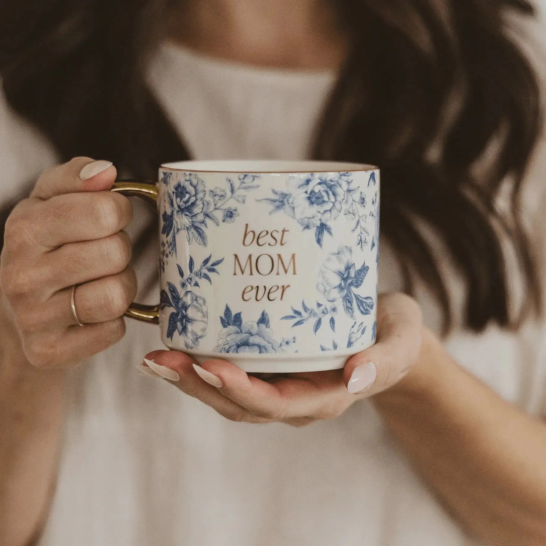 Best Mom Ever floral coffee mug with gold handle, cozy farmhouse style gift for mom