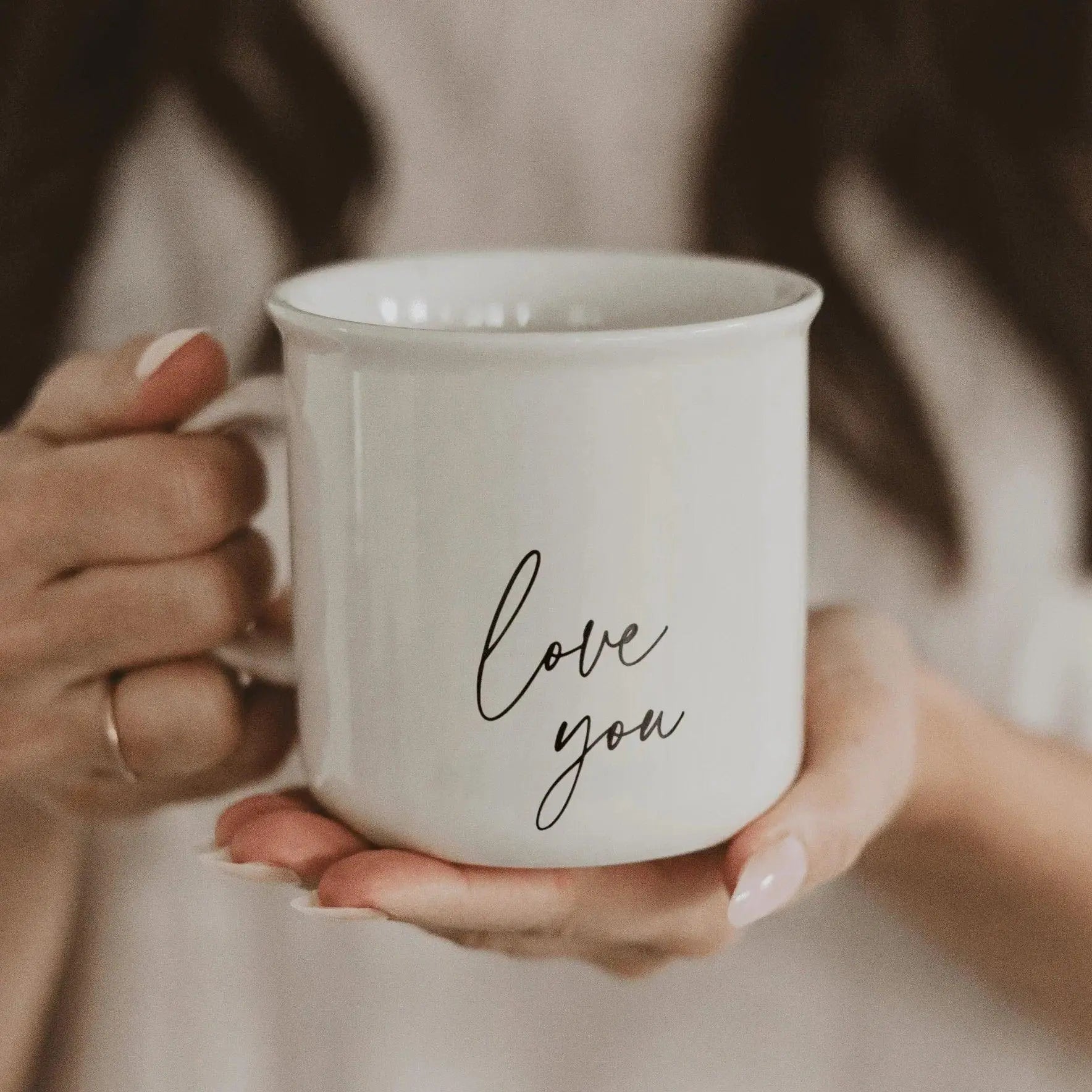White ceramic mug with 'love you' script, cozy farmhouse home decor gift
