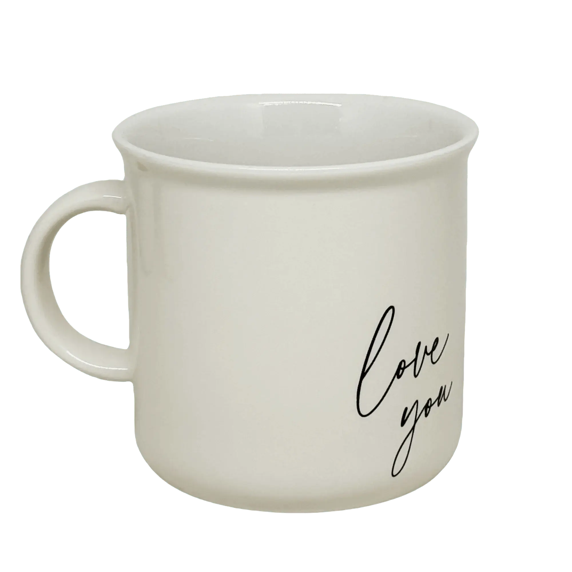 White ceramic mug with 'love you' script, cozy farmhouse decor for home or gift